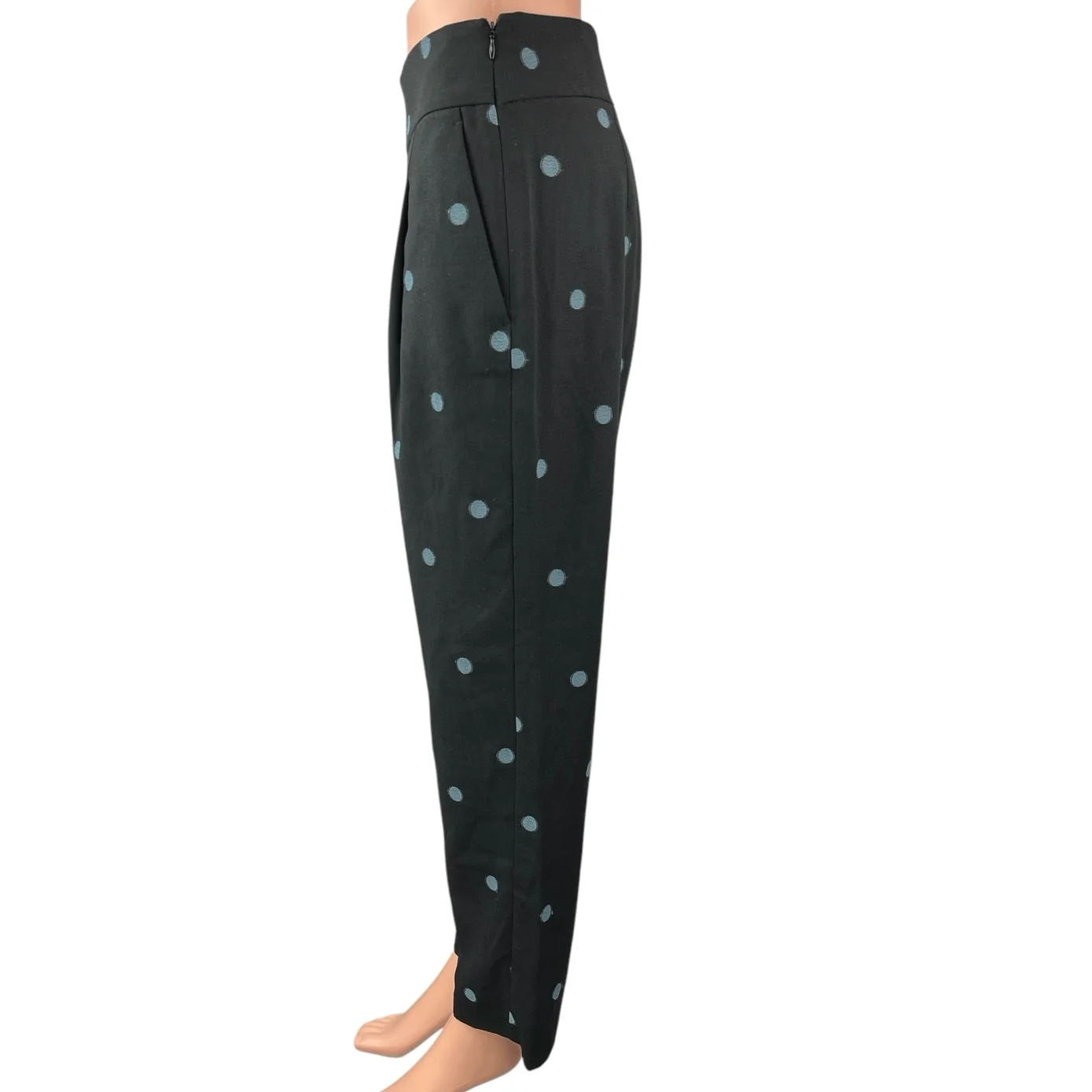 Zara Black Blue Polka Dots Tapered High Waist Pleated Crop Ankle Trouser Pants S - Image 2