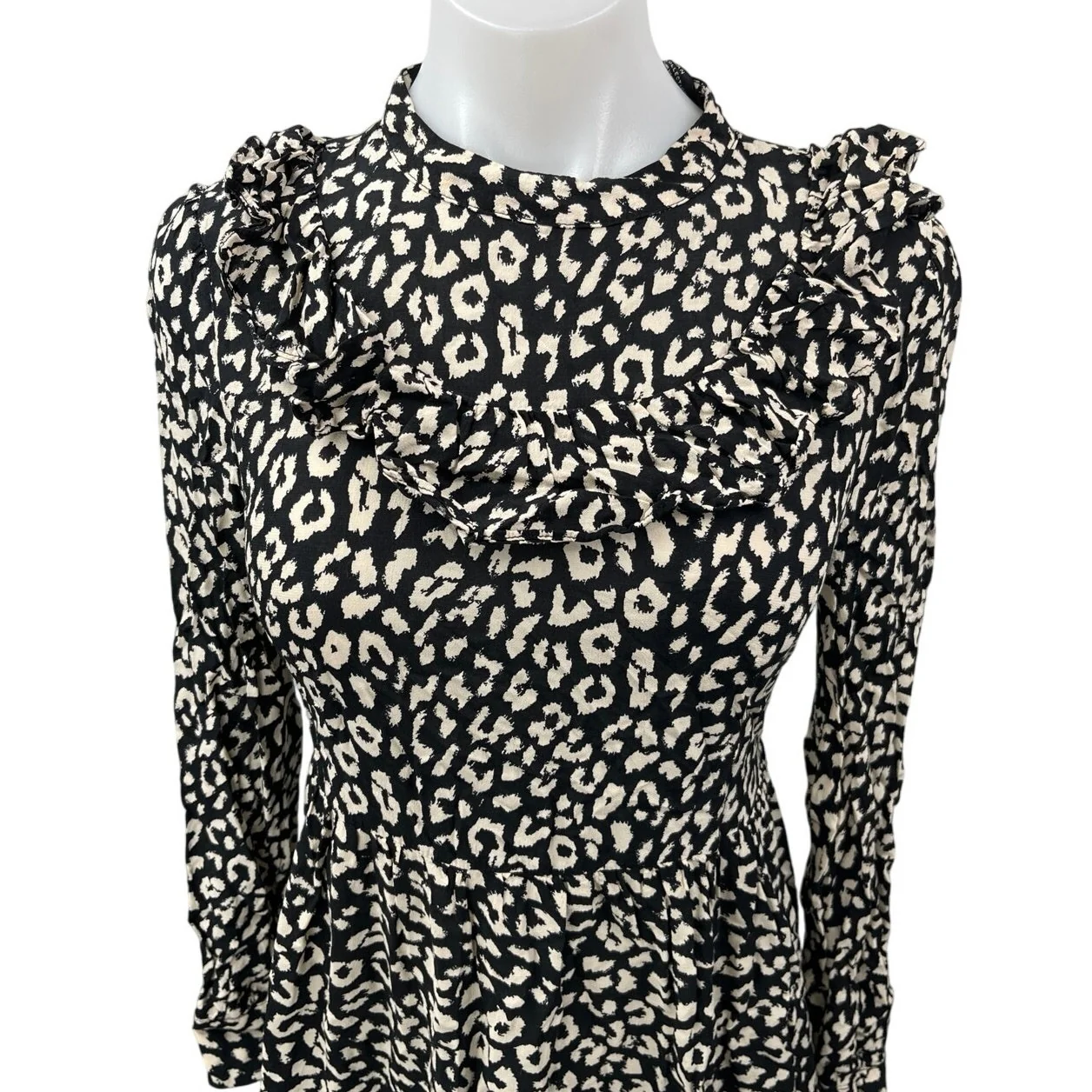 ZARA Black Cream Leopard Animal Print Long Sleeve Ruffle Mini A-line Dress XS - Image 3