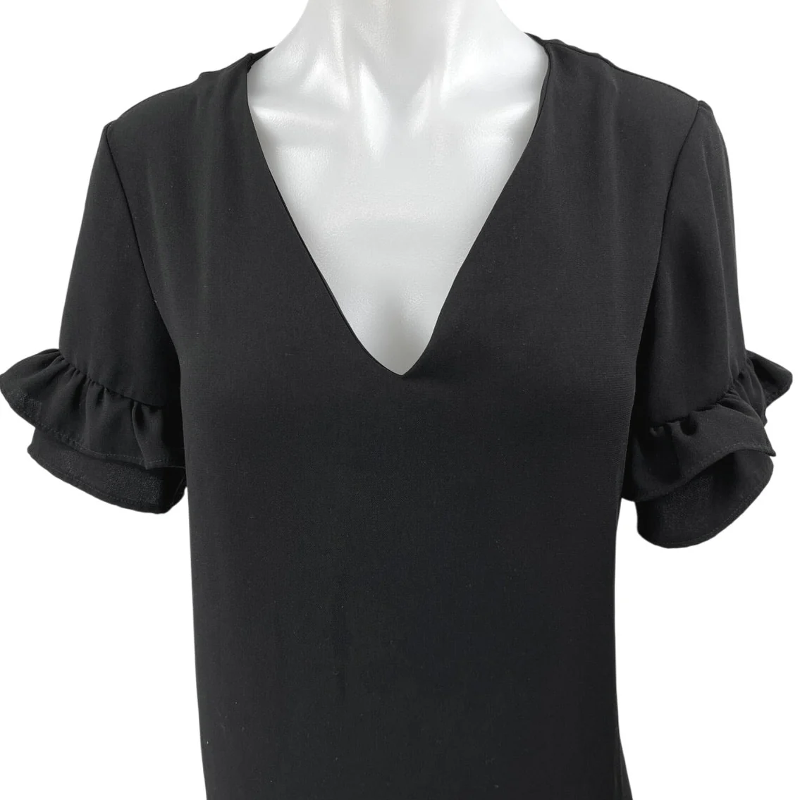 Zara Black Deep V Neck Ruffle Pullover Short Sleeve Shift Mini Dress Size S - Image 3