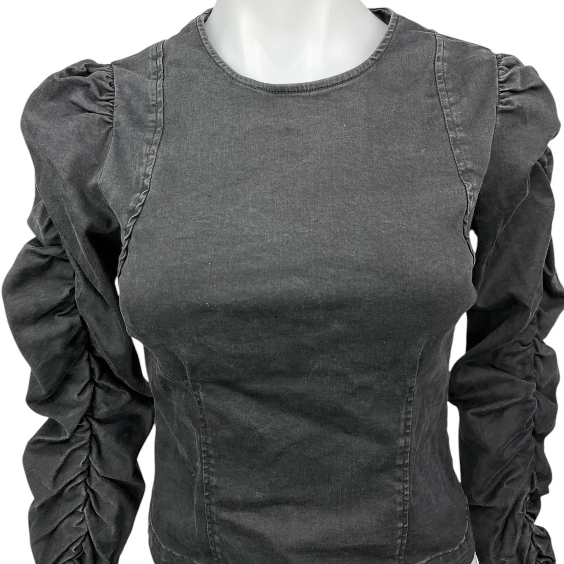 Zara Black Denim Ruched Puff Sleeve Zip Up Crop Jean Shirt Blouse Top Size XS - Image 3