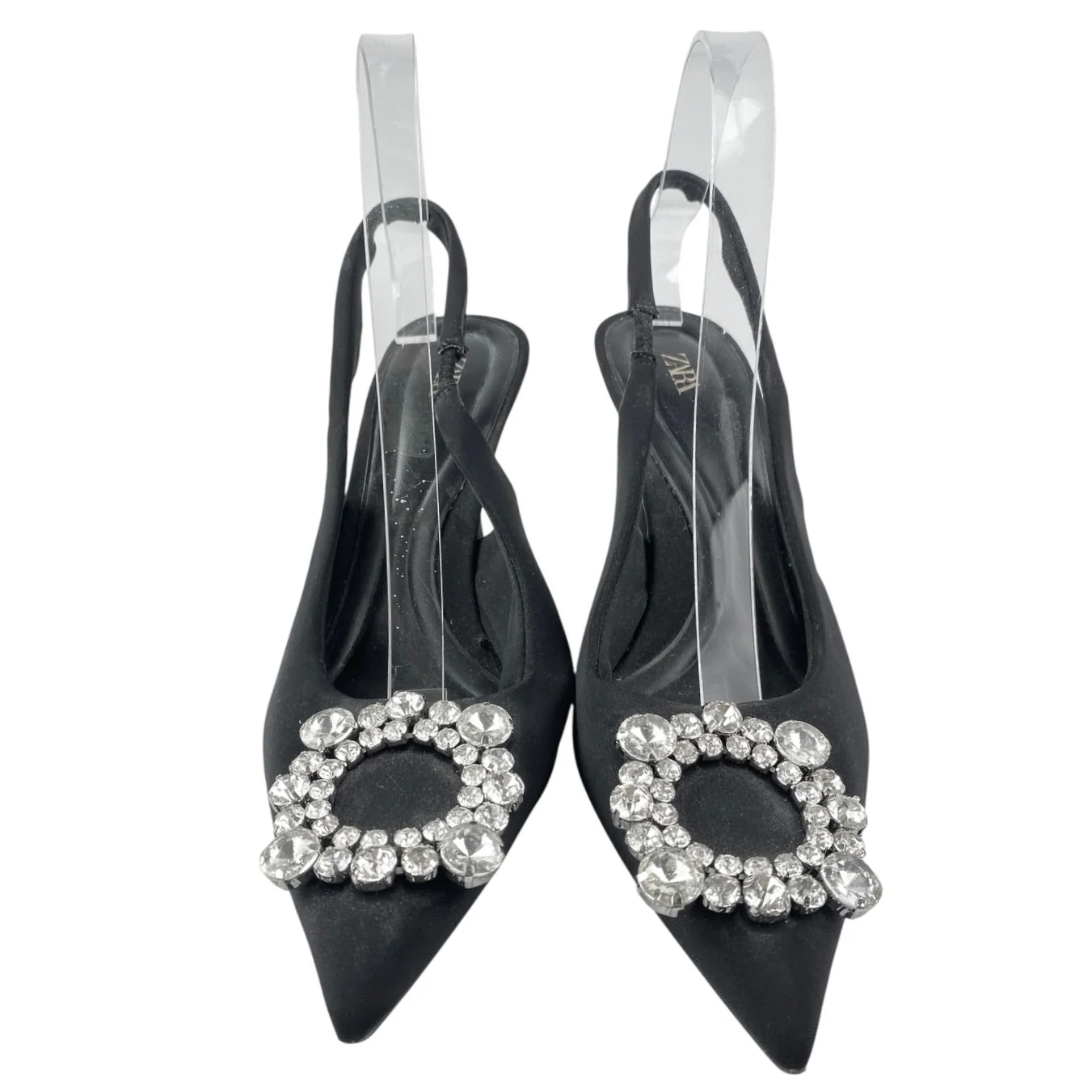 Zara Black Embellished Rhinestone Pointed Slingback Pumps Kitten Heels Size 9 - Image 2