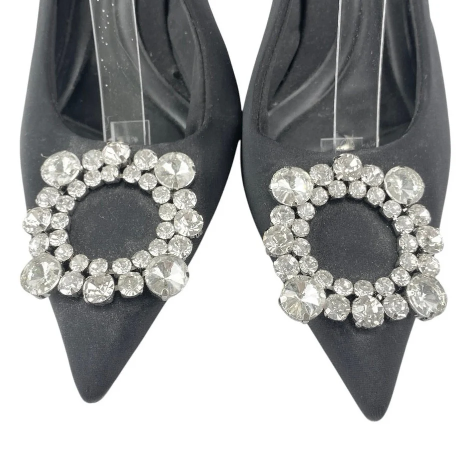 Zara Black Embellished Rhinestone Pointed Slingback Pumps Kitten Heels Size 9 - Image 5
