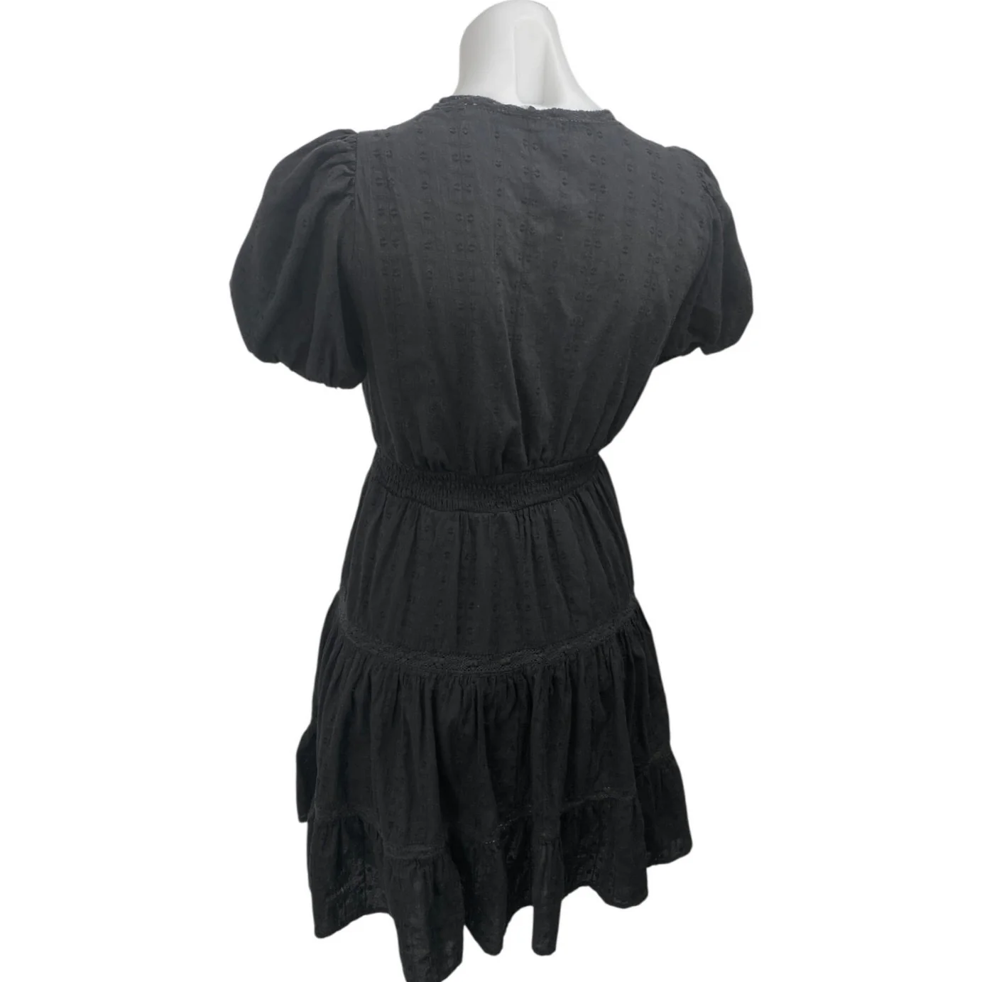 Zara Black Embroidered V-Neck Short Puff Sleeve Tiered Mini Fit & Flare Dress XS - Image 2