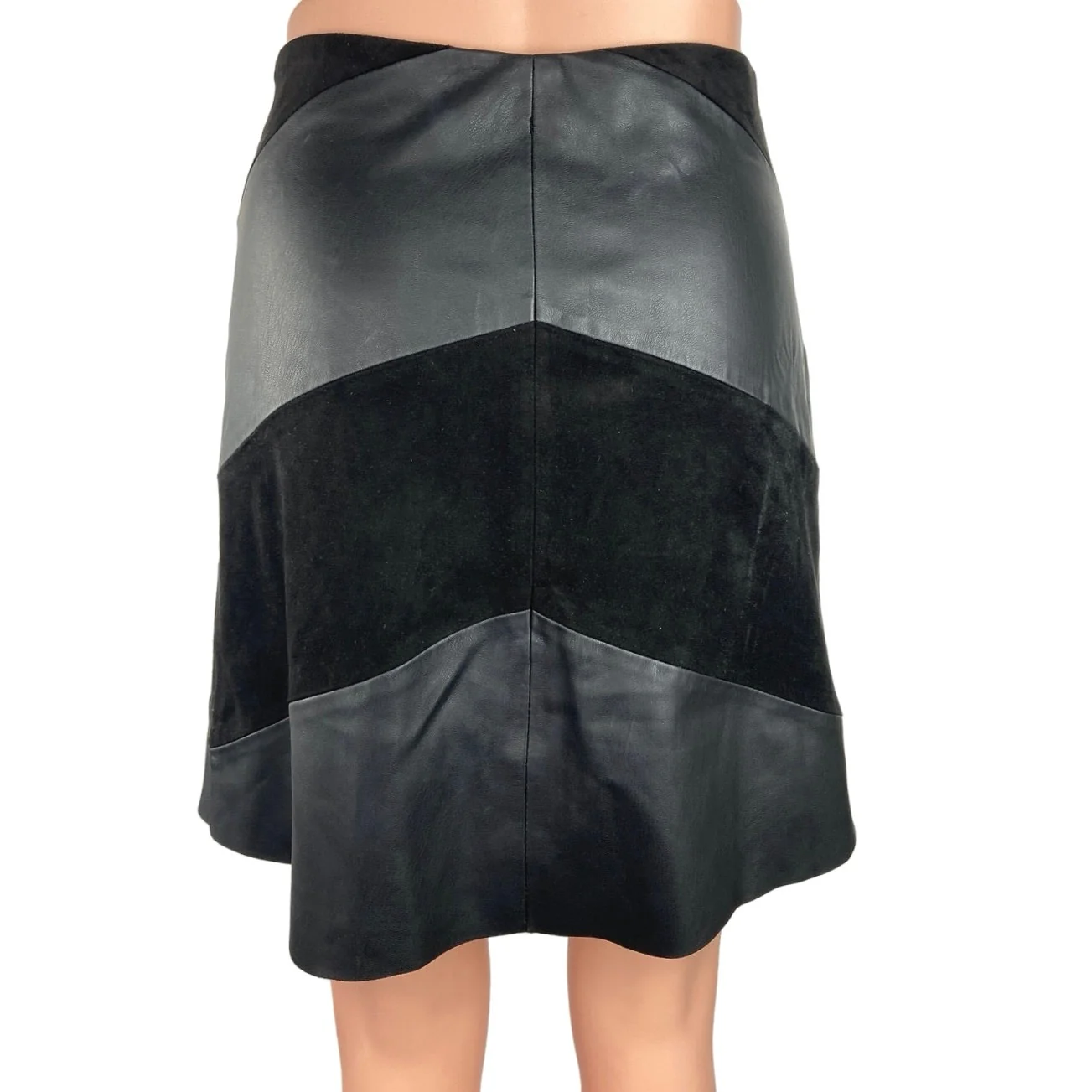 Zara Black Faux Leather Suede Chevron Pattern Side Zipper A-Line Mini Skirt Sz S - Image 3
