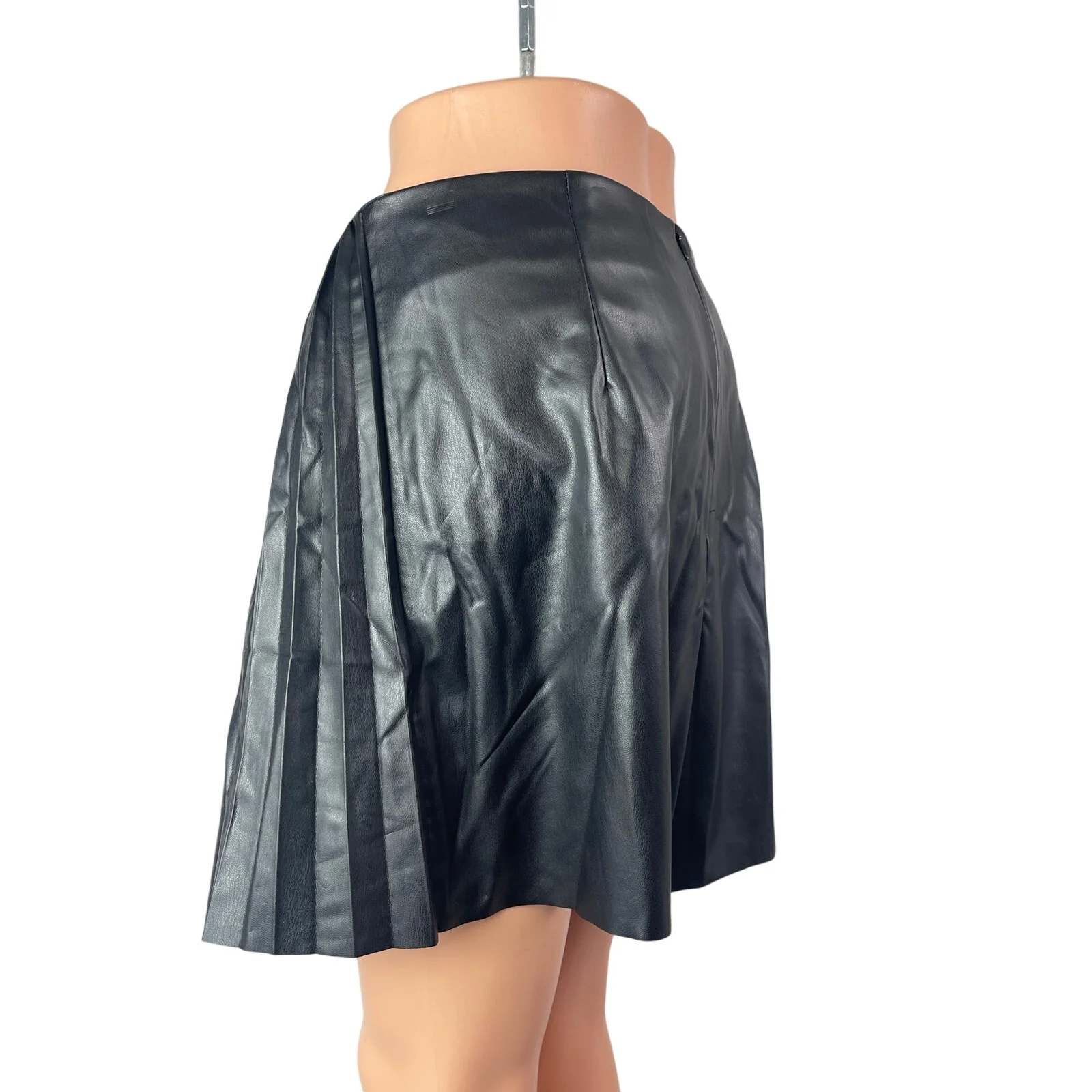 Zara Black Faux Vegan Leather Low Rise Double Belt Mini Flare A-Line Skirt Sz L - Image 2