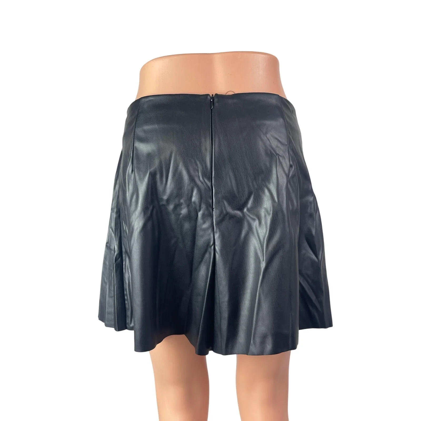 Zara Black Faux Vegan Leather Low Rise Double Belt Mini Flare A-Line Skirt Sz L - Image 3