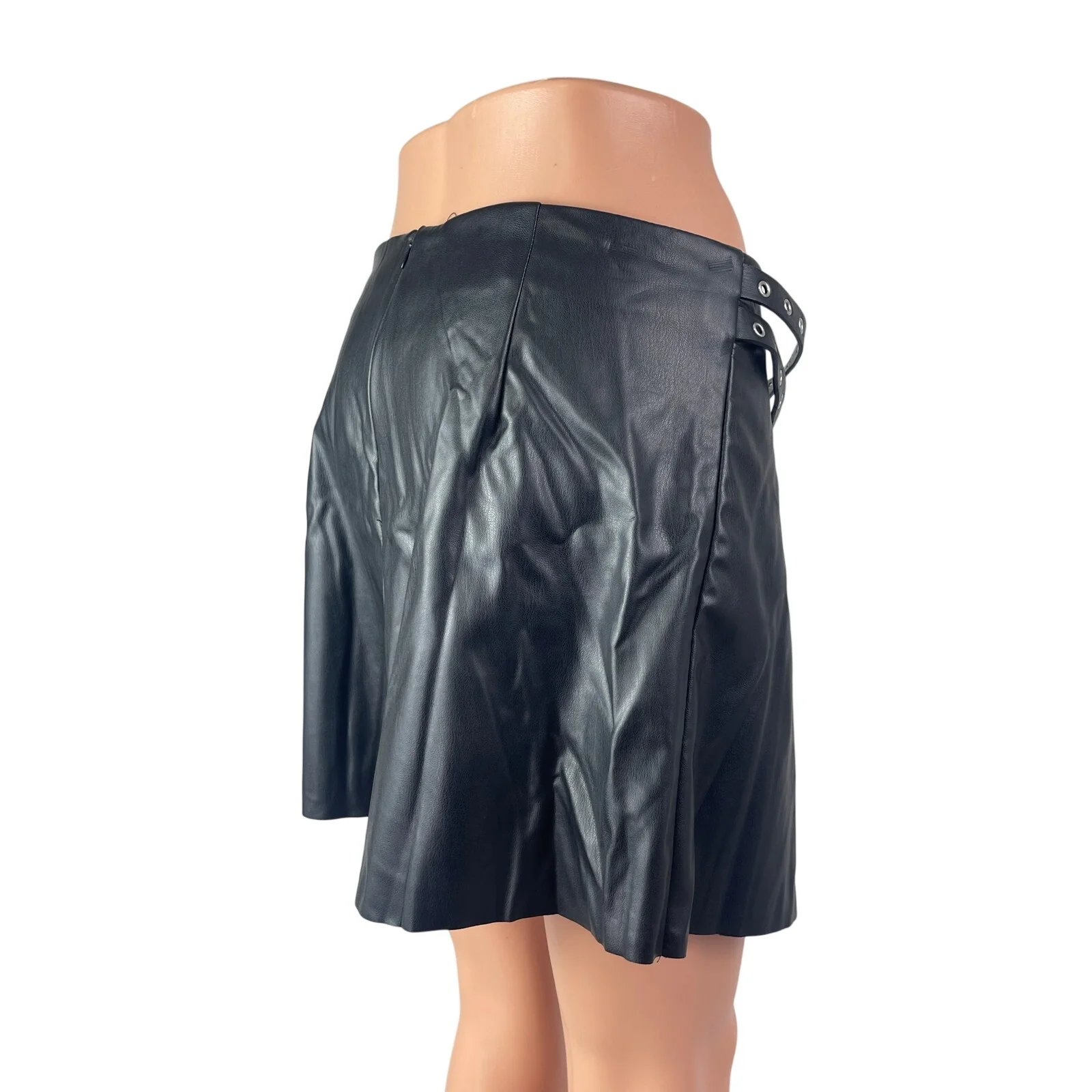 Zara Black Faux Vegan Leather Low Rise Double Belt Mini Flare A-Line Skirt Sz L - Image 4