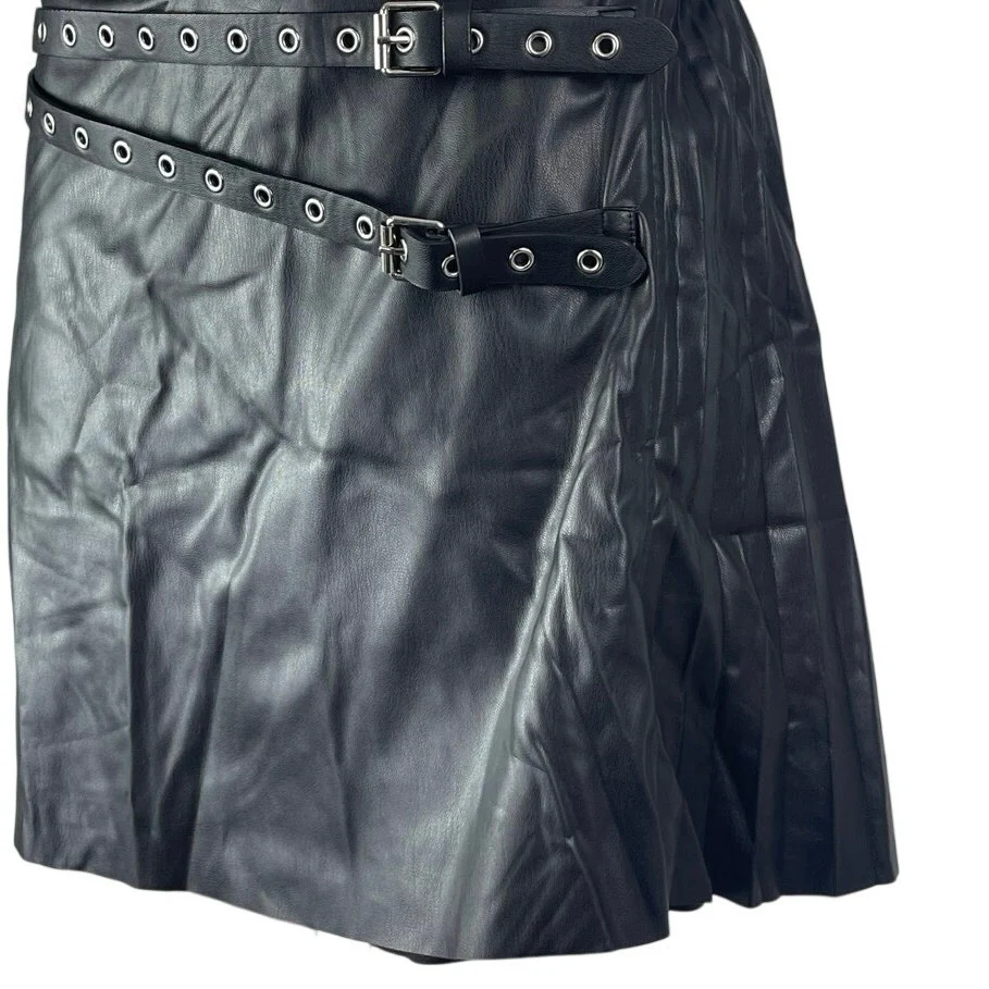 Zara Black Faux Vegan Leather Low Rise Double Belt Mini Flare A-Line Skirt Sz L - Image 5