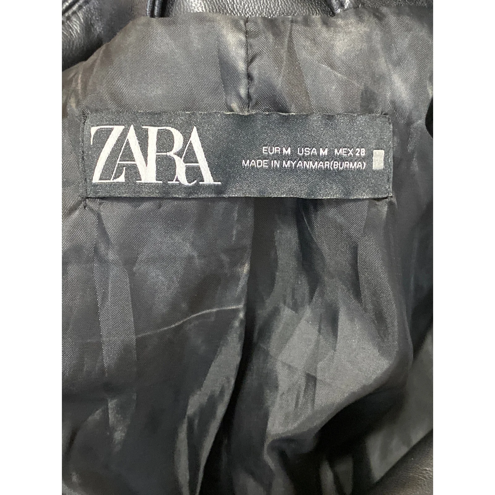 Zara Black Faux Vegan Leather Notch Collar Long Sleeve Moto Biker Coat Jacket M - Image 5
