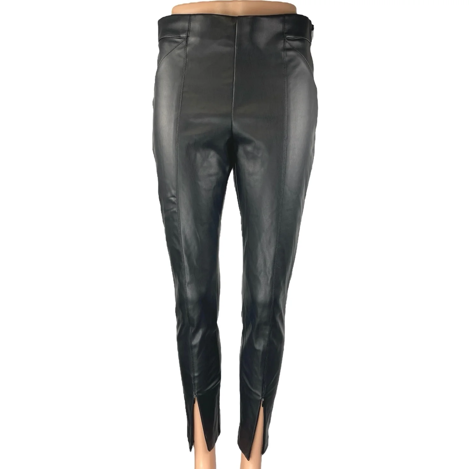 Zara Black Faux Vegan Leather Skinny High Waist Split Hem Trousers Pants Size M