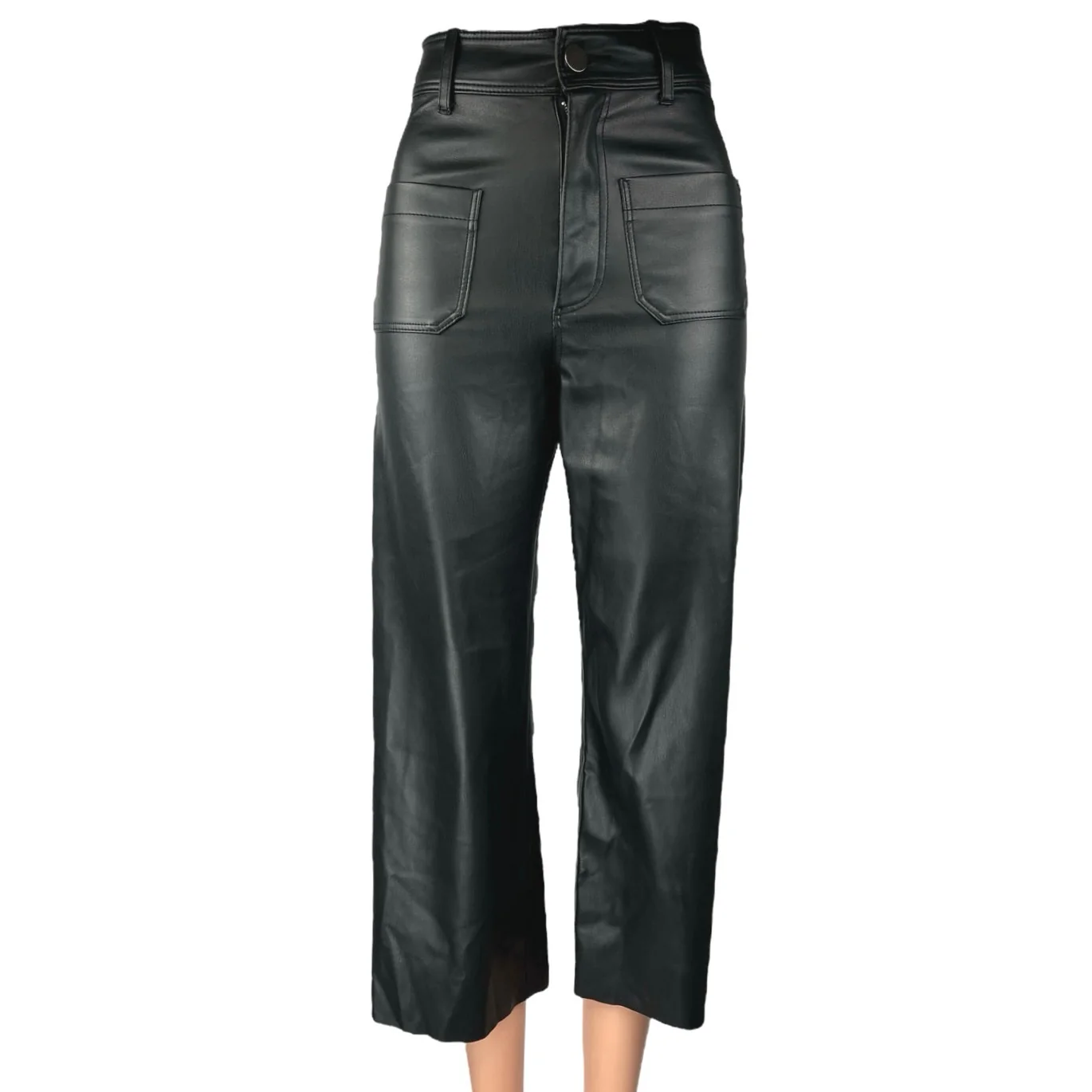 Zara Black Faux Vegan Leather Straight Wide Leg High Rise Crop Trousers Pants 0