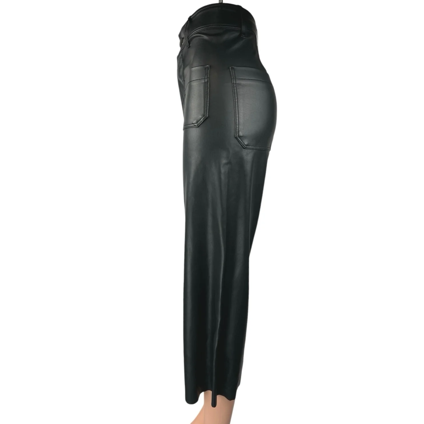 Zara Black Faux Vegan Leather Straight Wide Leg High Rise Crop Trousers Pants 0 - Image 2