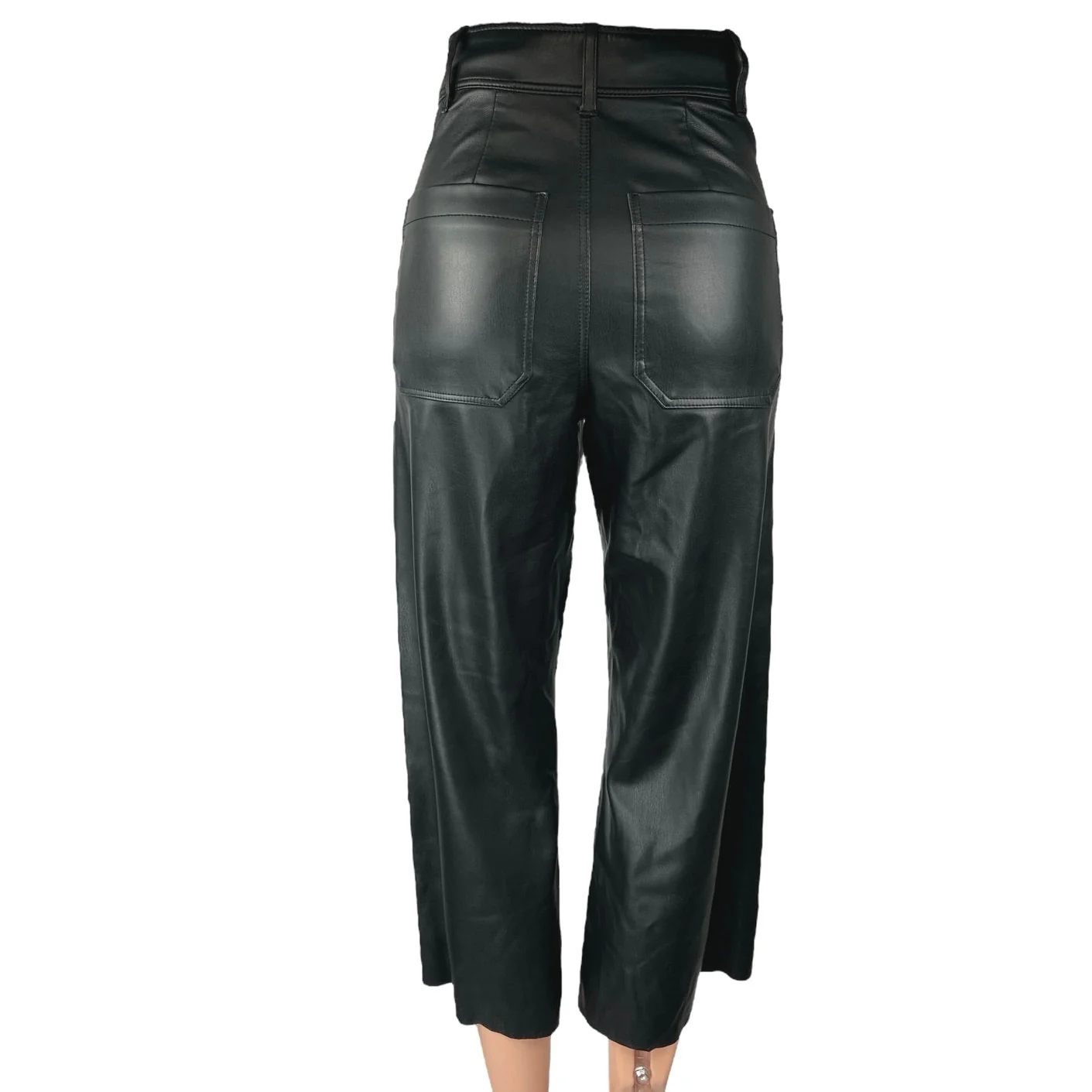 Zara Black Faux Vegan Leather Straight Wide Leg High Rise Crop Trousers Pants 0 - Image 3