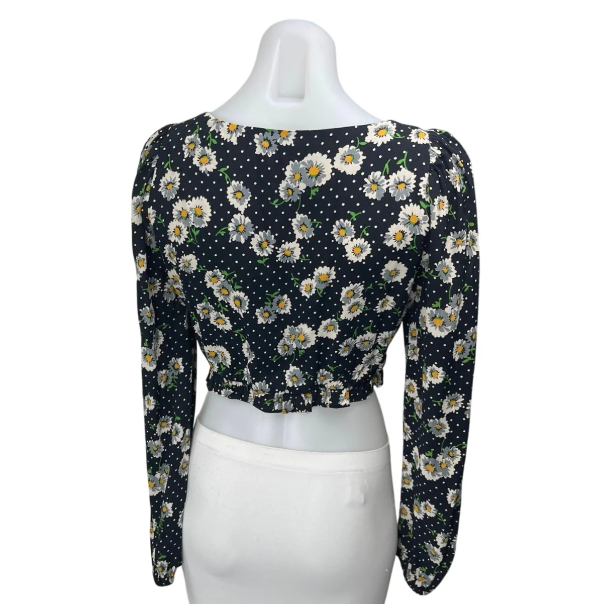 Zara Black Floral Polka Dots Long Sleeve Ruffle Square Neck Crop Blouse Top Sz M - Image 2