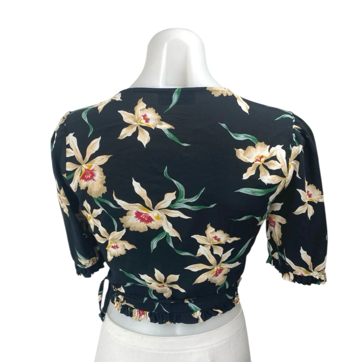 Zara Black Floral Short Sleeve V Neck Ruffle Wrap Tie Cropped Blouse Top Size S - Image 2