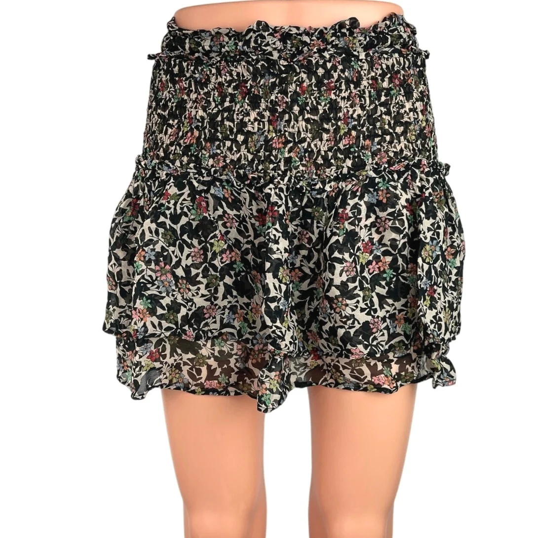Zara Black Floral Smocked High Waist Ruffle Pull On Mini Skirt Skort Size S