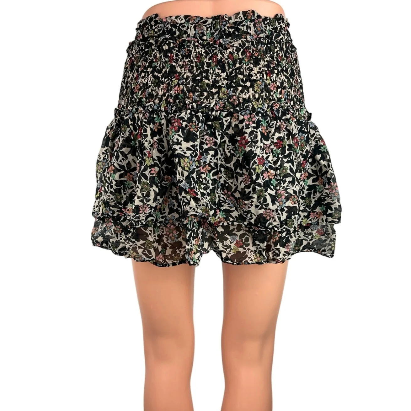 Zara Black Floral Smocked High Waist Ruffle Pull On Mini Skirt Skort Size S - Image 3