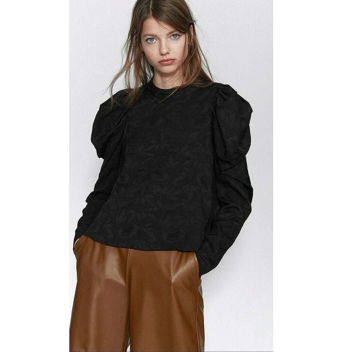 Zara Black Floral Textured Ruched Puff Long Sleeve Crew Neck Blouse Top Size S - Image 2