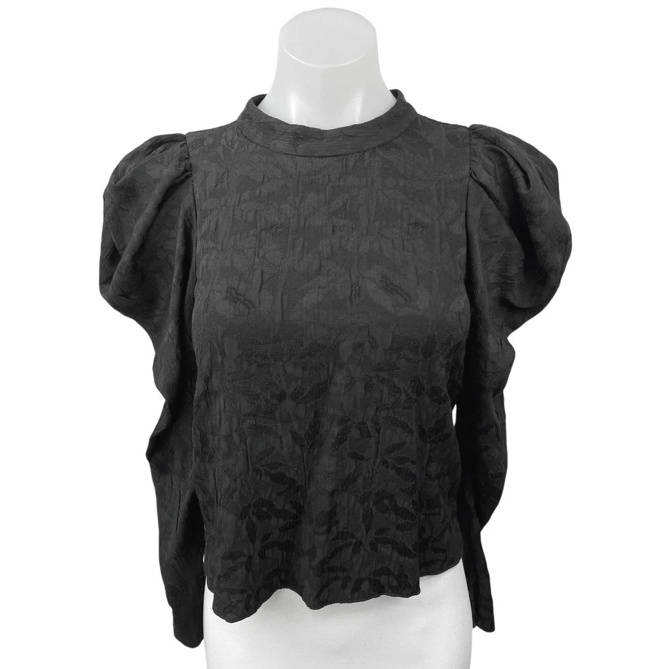 Zara Black Floral Textured Ruched Puff Long Sleeve Crew Neck Blouse Top Size S - Image 5