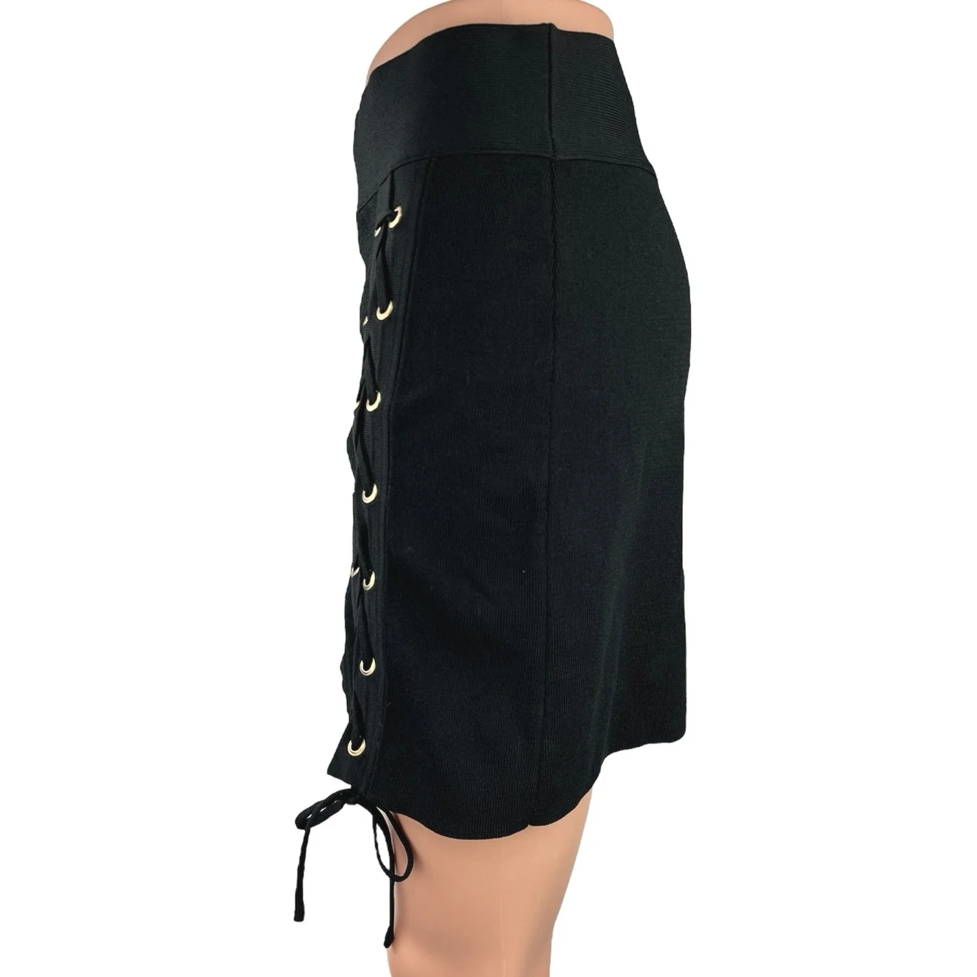 Zara Black Lace Up Stretch Knit Elastic Waist Pull On Mini Pencil Skirt Size M - Image 2