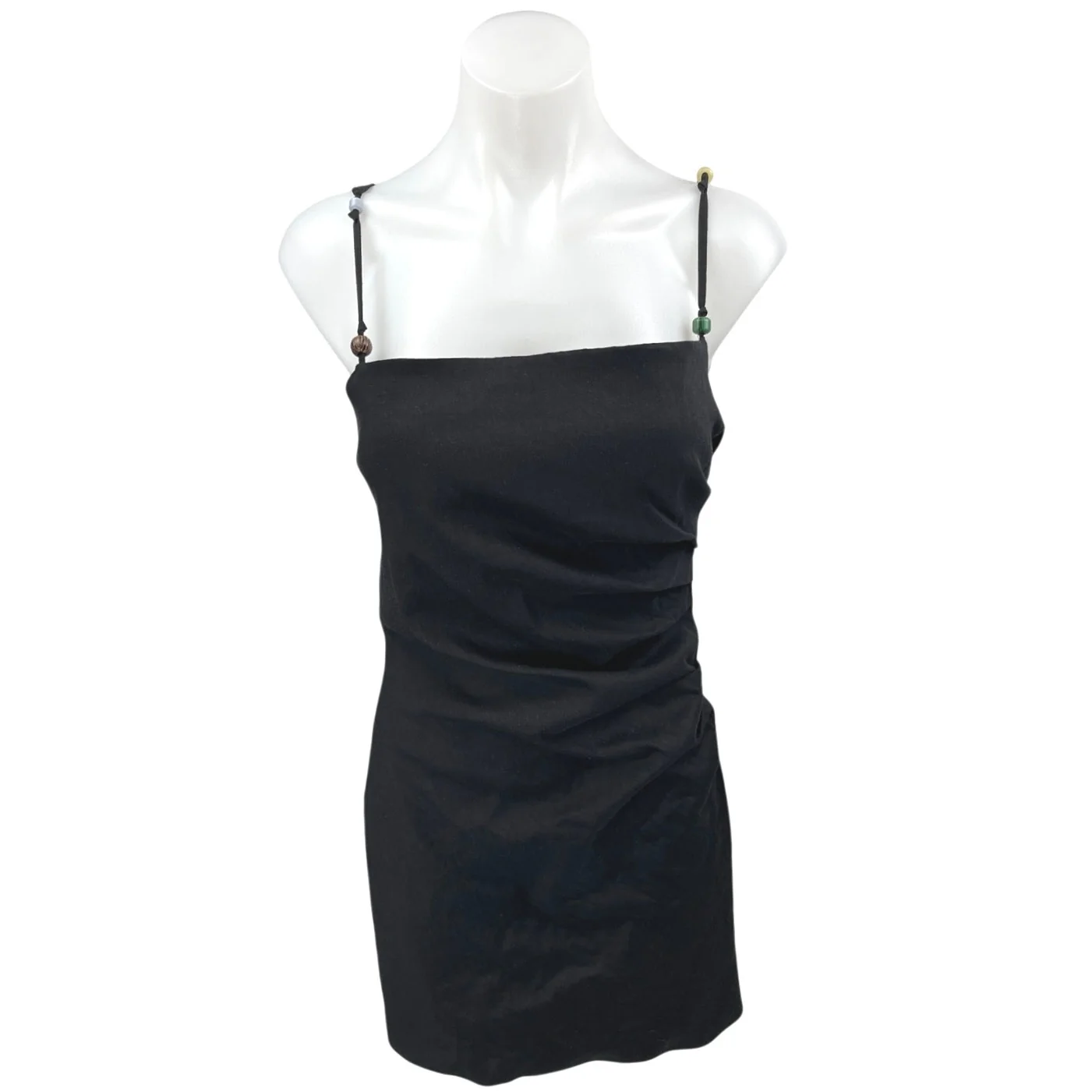 Zara Black Linen Beaded Ruched Sleeveless Cami Camisole Mini Slip Tank Dress M