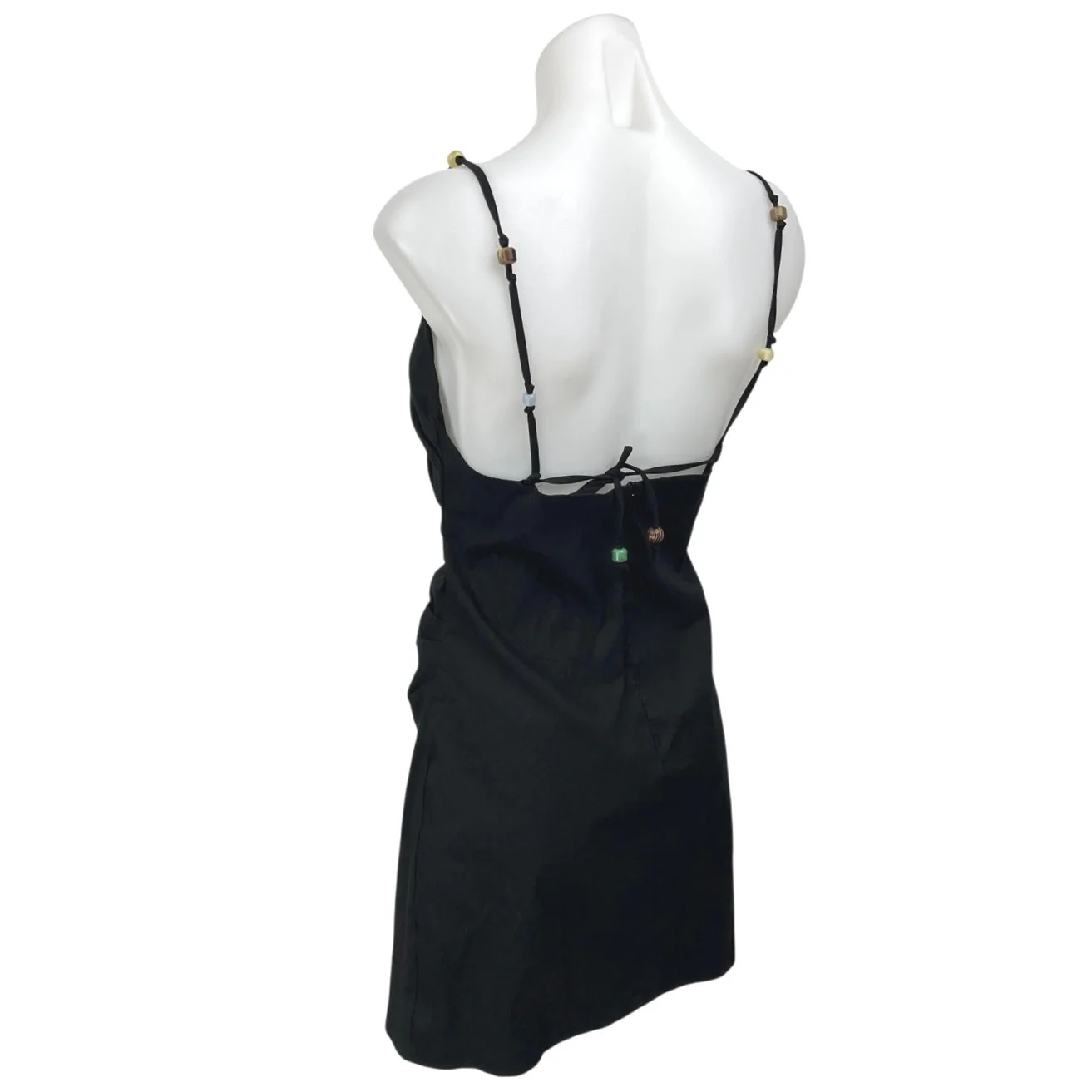 Zara Black Linen Beaded Ruched Sleeveless Cami Camisole Mini Slip Tank Dress M - Image 2
