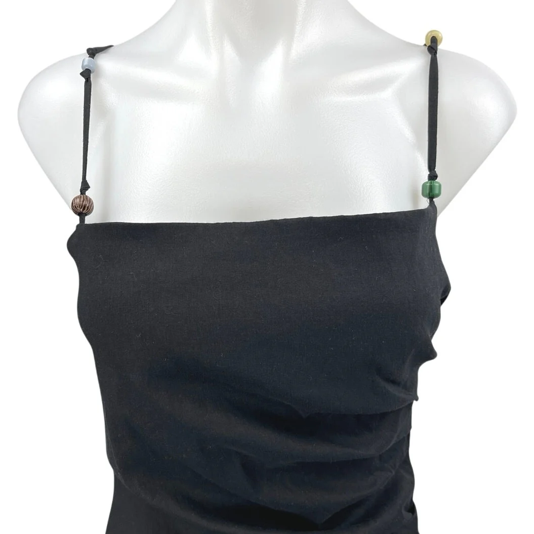 Zara Black Linen Beaded Ruched Sleeveless Cami Camisole Mini Slip Tank Dress M - Image 3