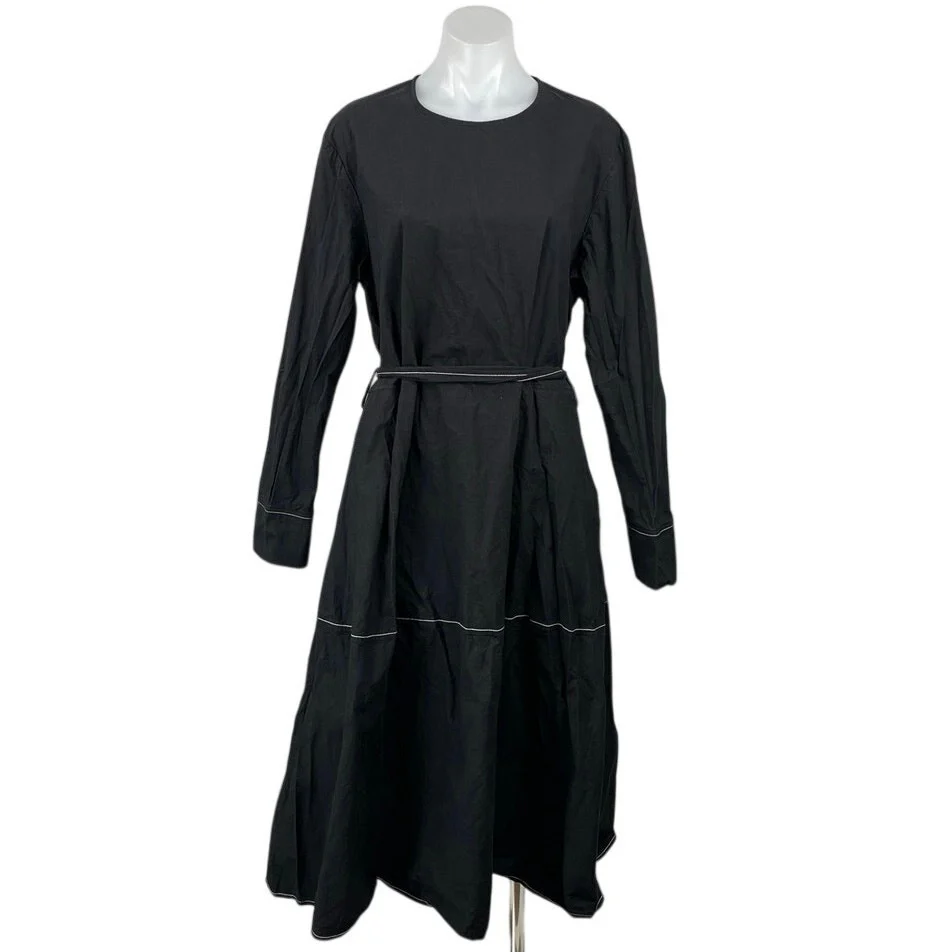 Zara Black Long Sleeve Round Neck Belted Tiered Cotton A Line Midi Dress Sz XXL