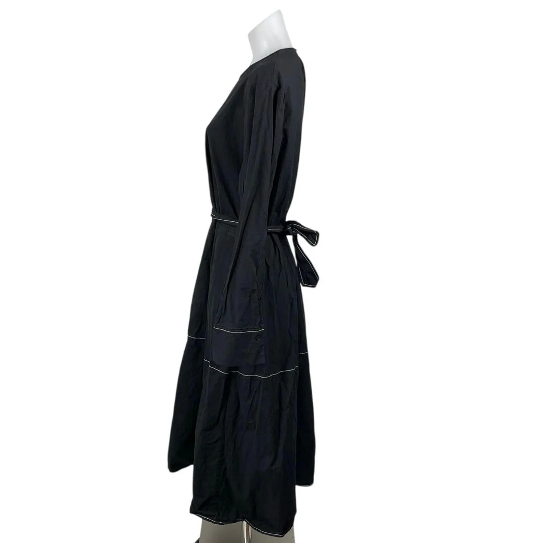 Zara Black Long Sleeve Round Neck Belted Tiered Cotton A Line Midi Dress Sz XXL - Image 3