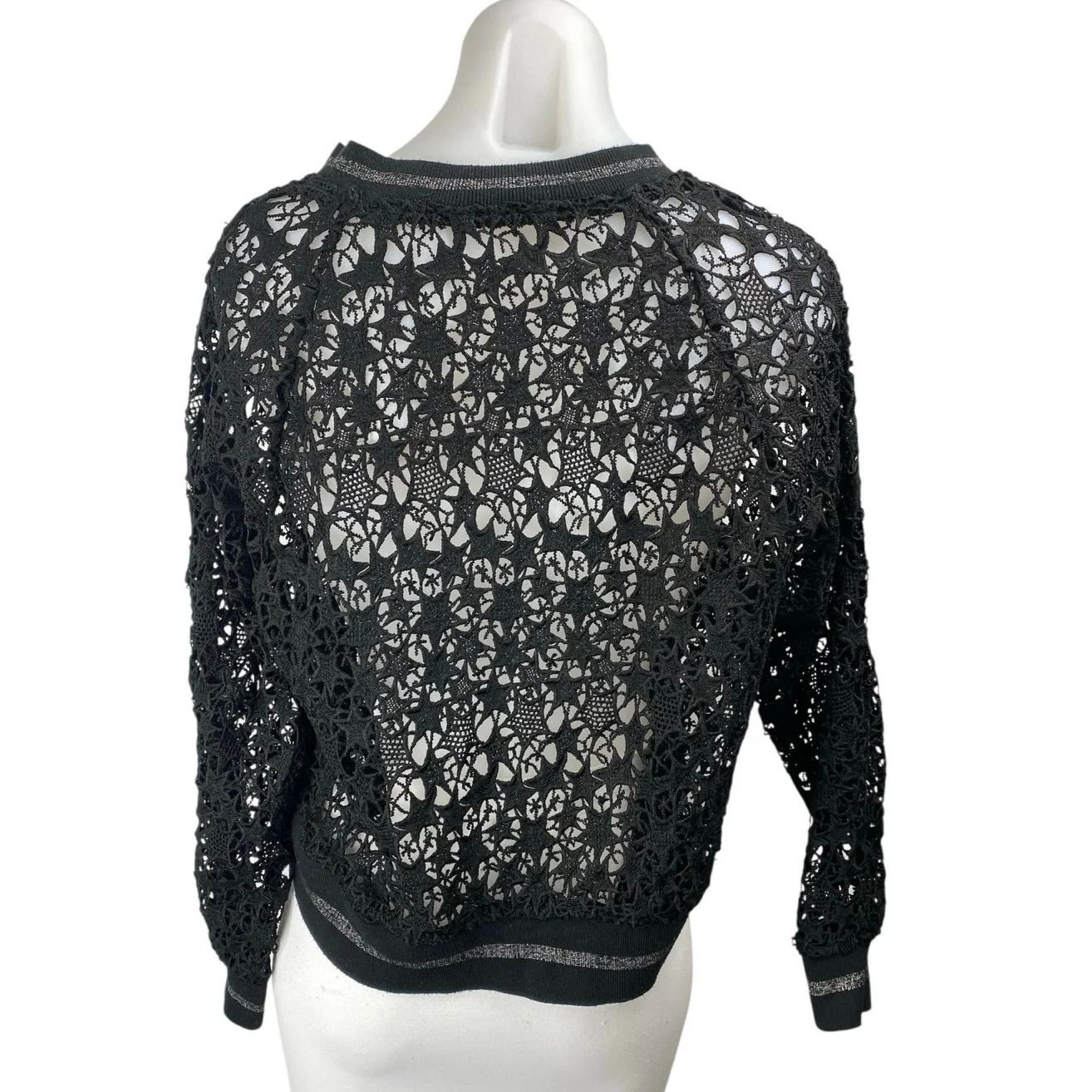 Zara Black Long Sleeve Star Open Knit Crochet Crew Neck Sweater Sweatshirt S - Image 2