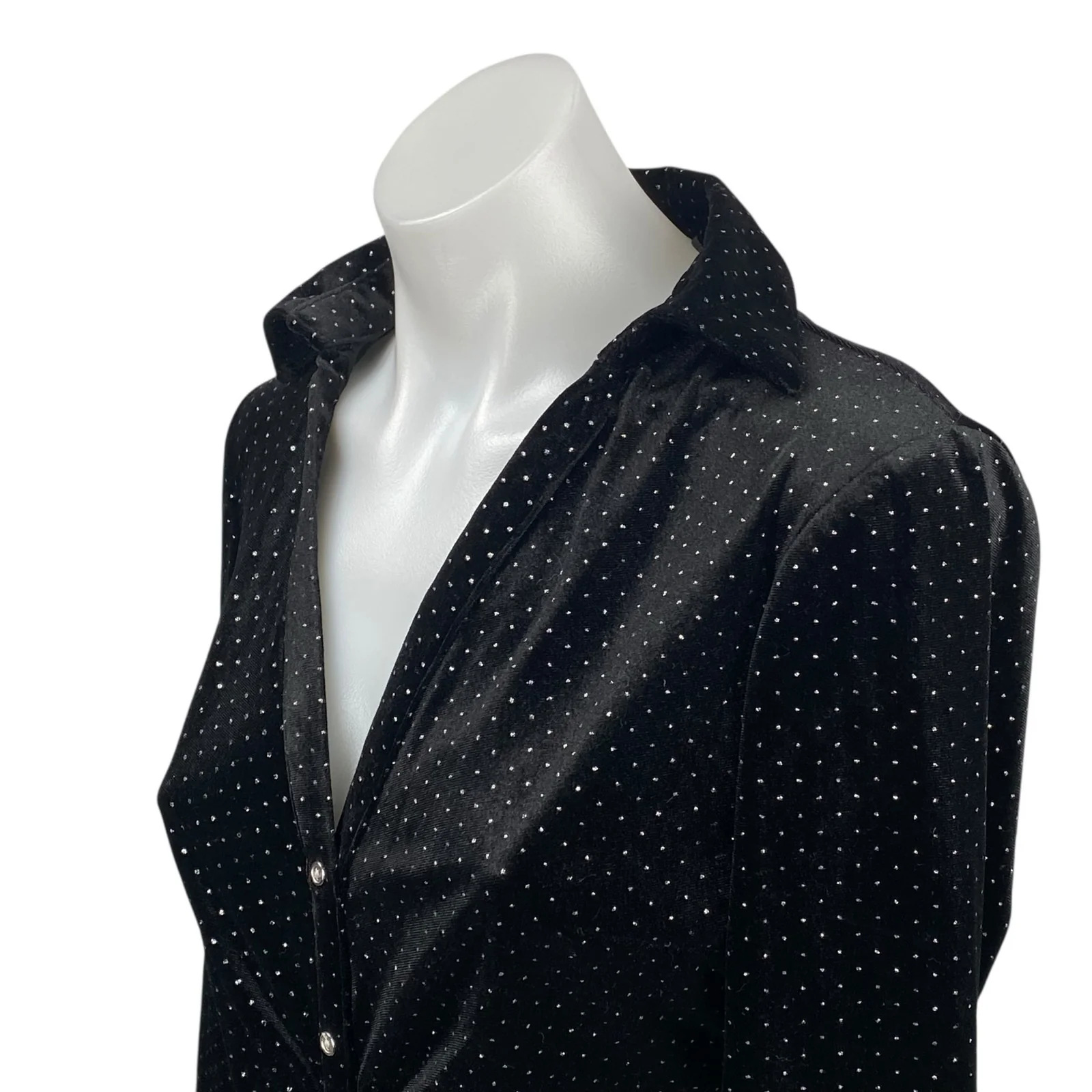 Zara Black Metallic Dot Velvet Ruched Button-Down Long Sleeve Mini Shirt Dress S - Image 2