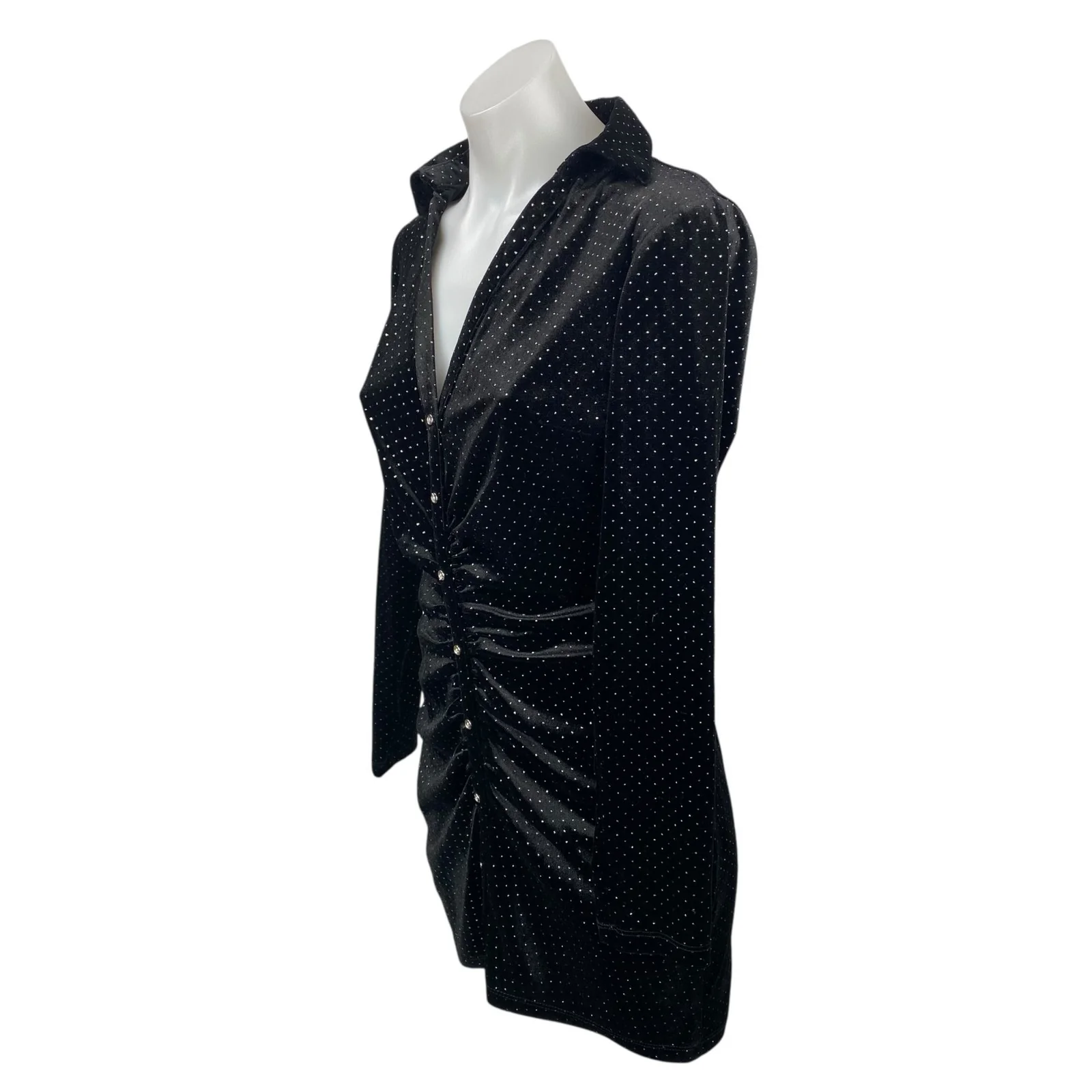 Zara Black Metallic Dot Velvet Ruched Button-Down Long Sleeve Mini Shirt Dress S - Image 3