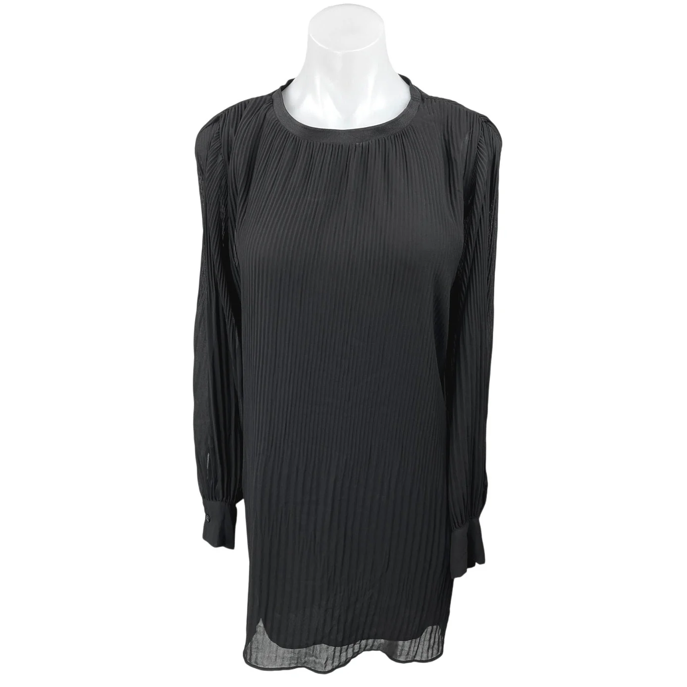 Zara Black Pleated Plisse Crew Neck Pullover Long Sleeve Mini Shift Dress Size M