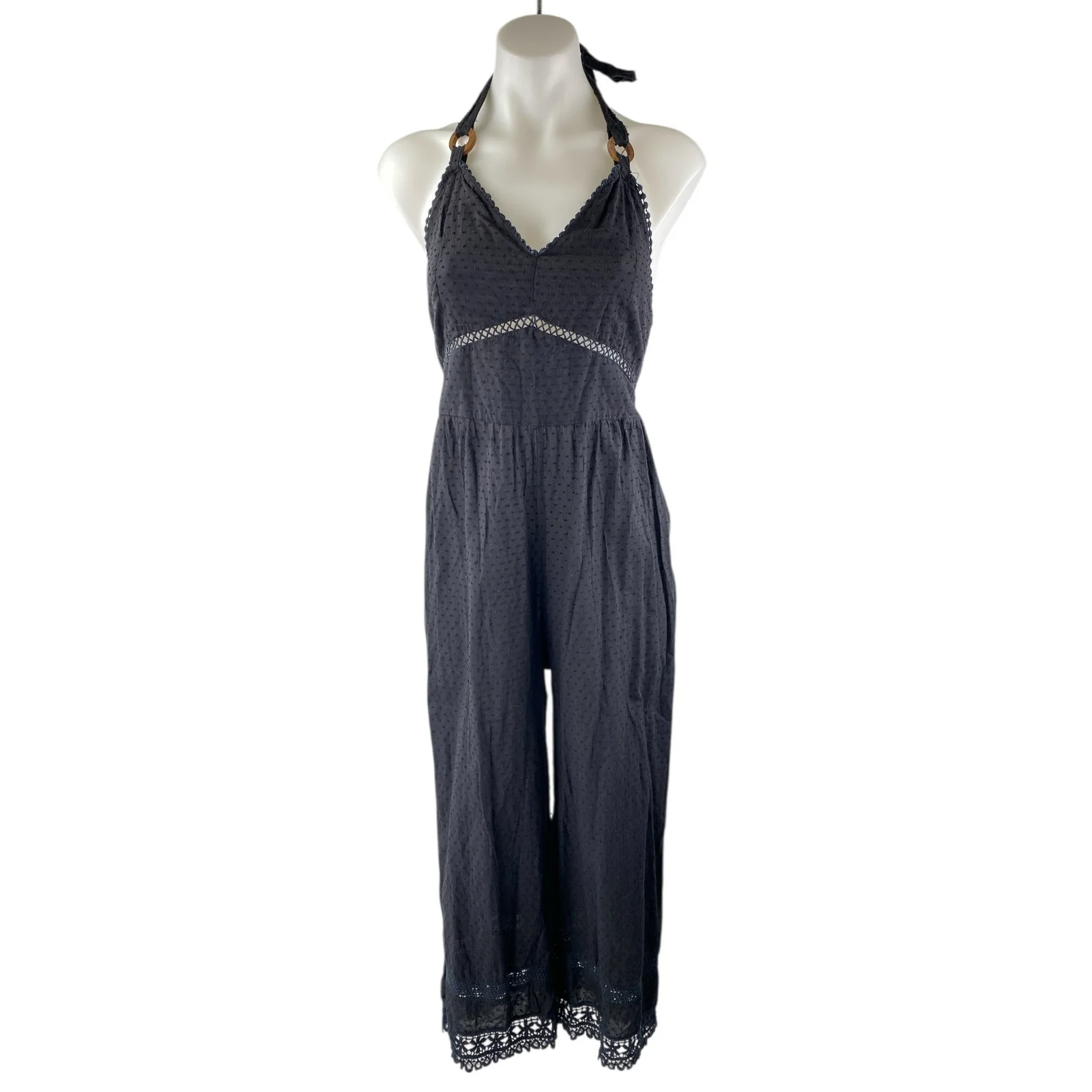 ZARA Black Polka Dot Lace Trim Halter Neck Sleeveless Wide Leg Romper Jumpsuit S