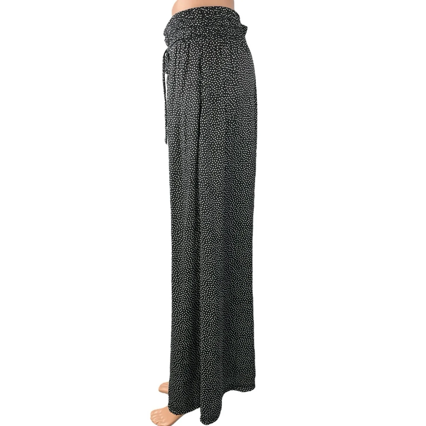Zara Black Polka Dots Wide Leg Elastic Waist Drawstring Pull On Trousers Pants L - Image 2