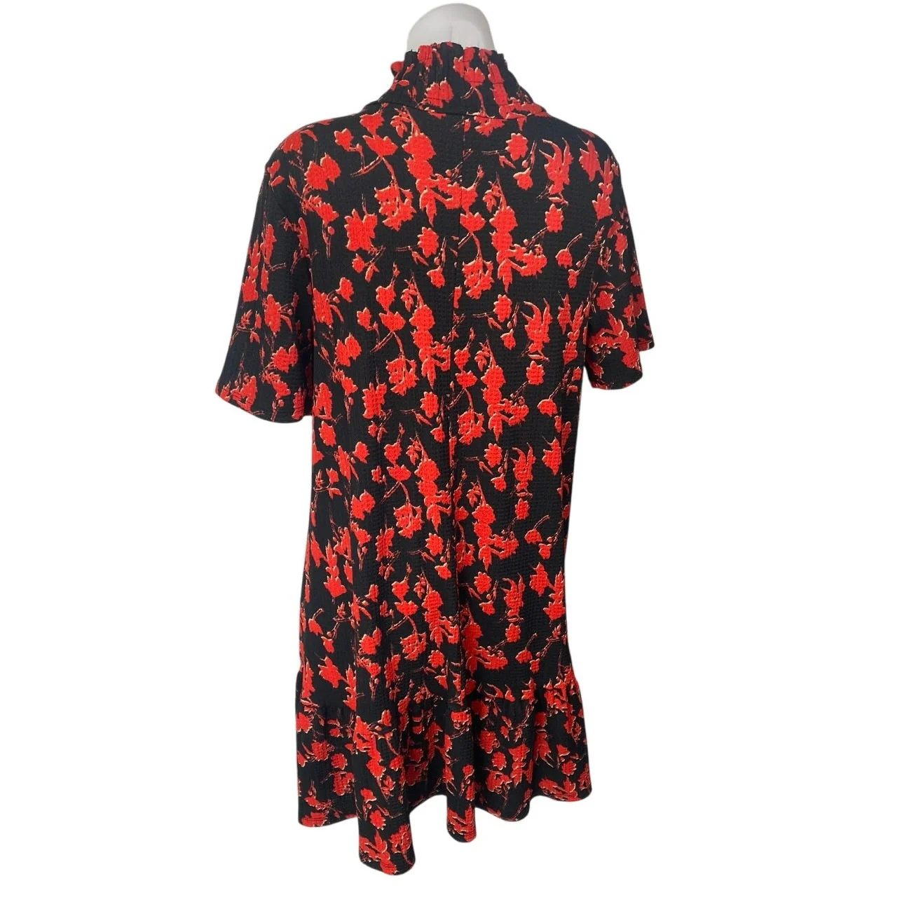 Zara Black Red Floral Short Sleeve Ruffle Turtleneck Mini Shift Dress Size M12 - Image 2