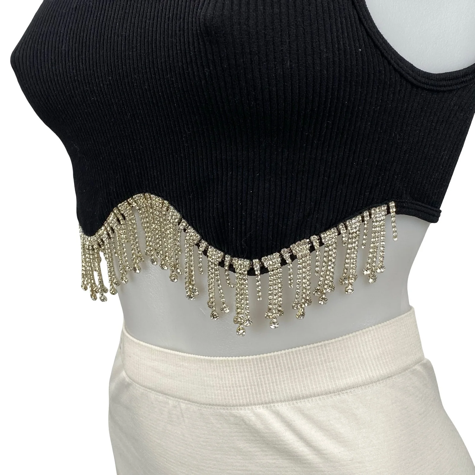 Zara Black Rhinestone Fringe Ribbed Knit Sculpt Sleeveless Tank Crop Top Size XS - Image 3