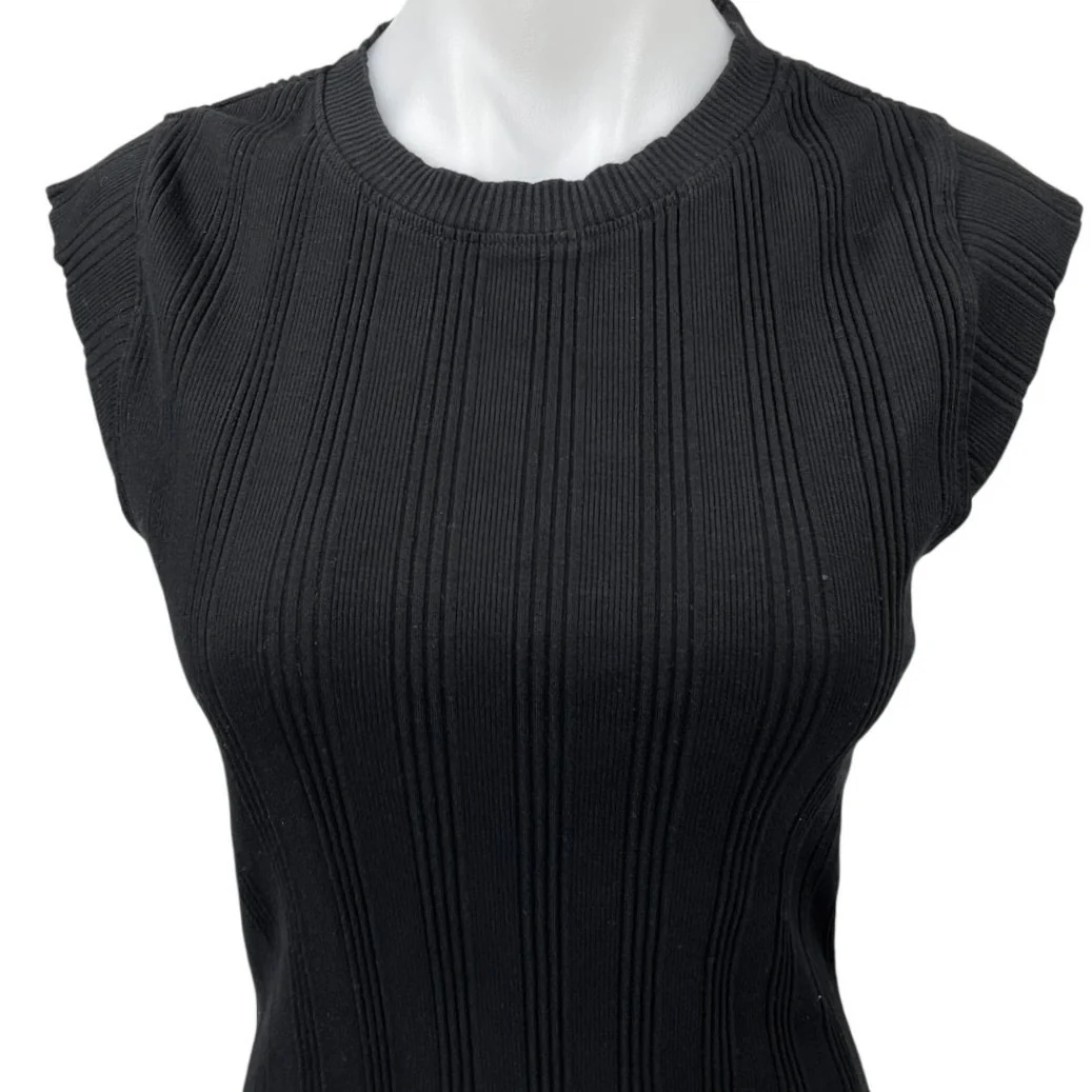 Zara Black Ribbed Knit Mock Neck Cap Sleeve Fitted Mini Sweater Dress Size L - Image 3