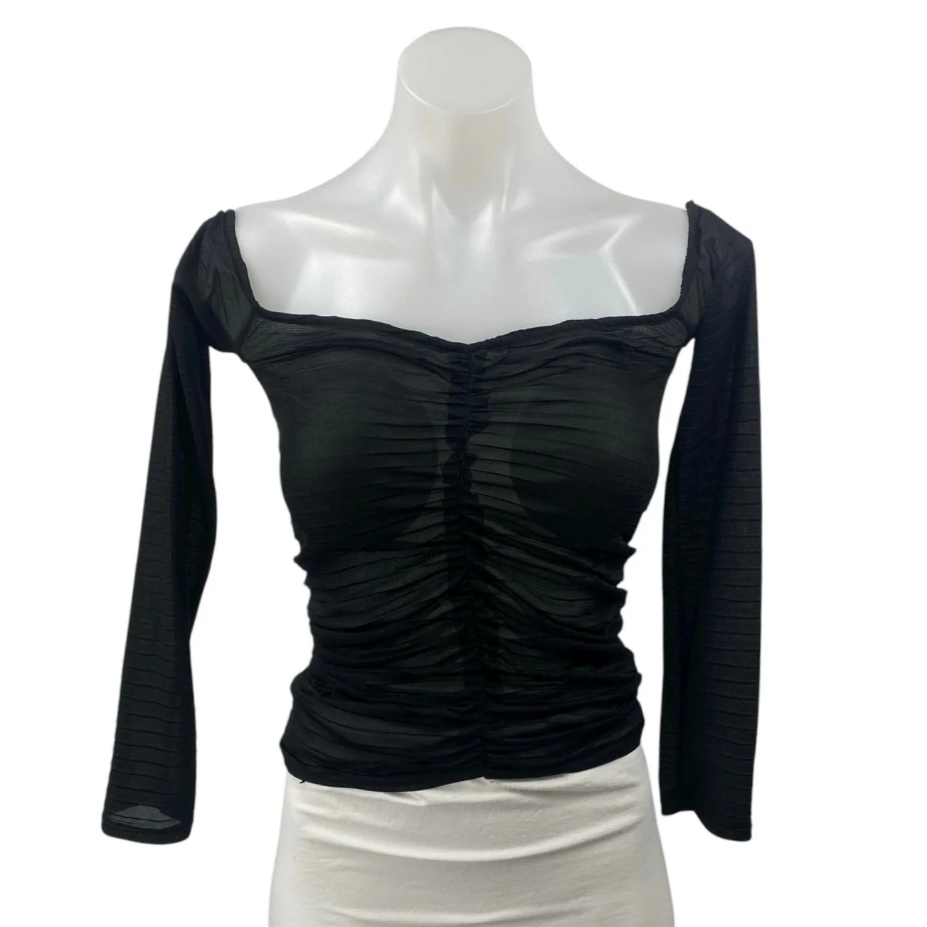 Zara Black Ruched Chiffon Sheer Square Neck Long Sleeve Crop Blouse Top Size S