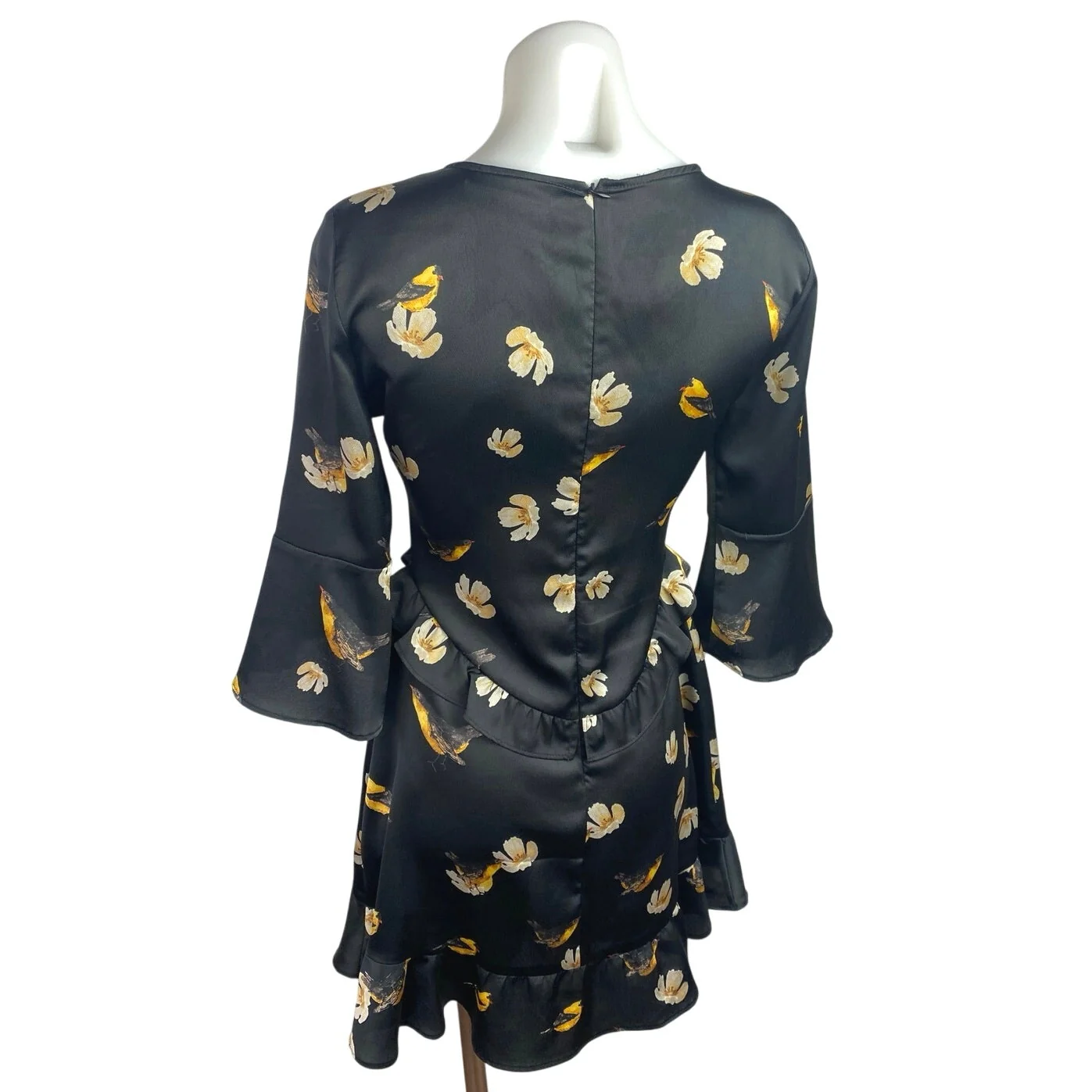 Zara Black Satin Floral Birds Print 3/4 Bell Sleeve Ruffle Mini A-Line Dress XS - Image 2