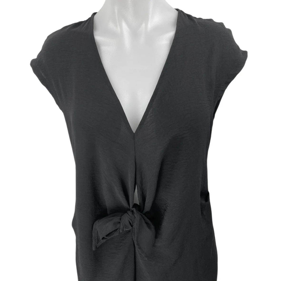 Zara Black Short Cap Sleeve Pocket Deep V Neck Tie Front Wrap Midi Dress Size M - Image 3