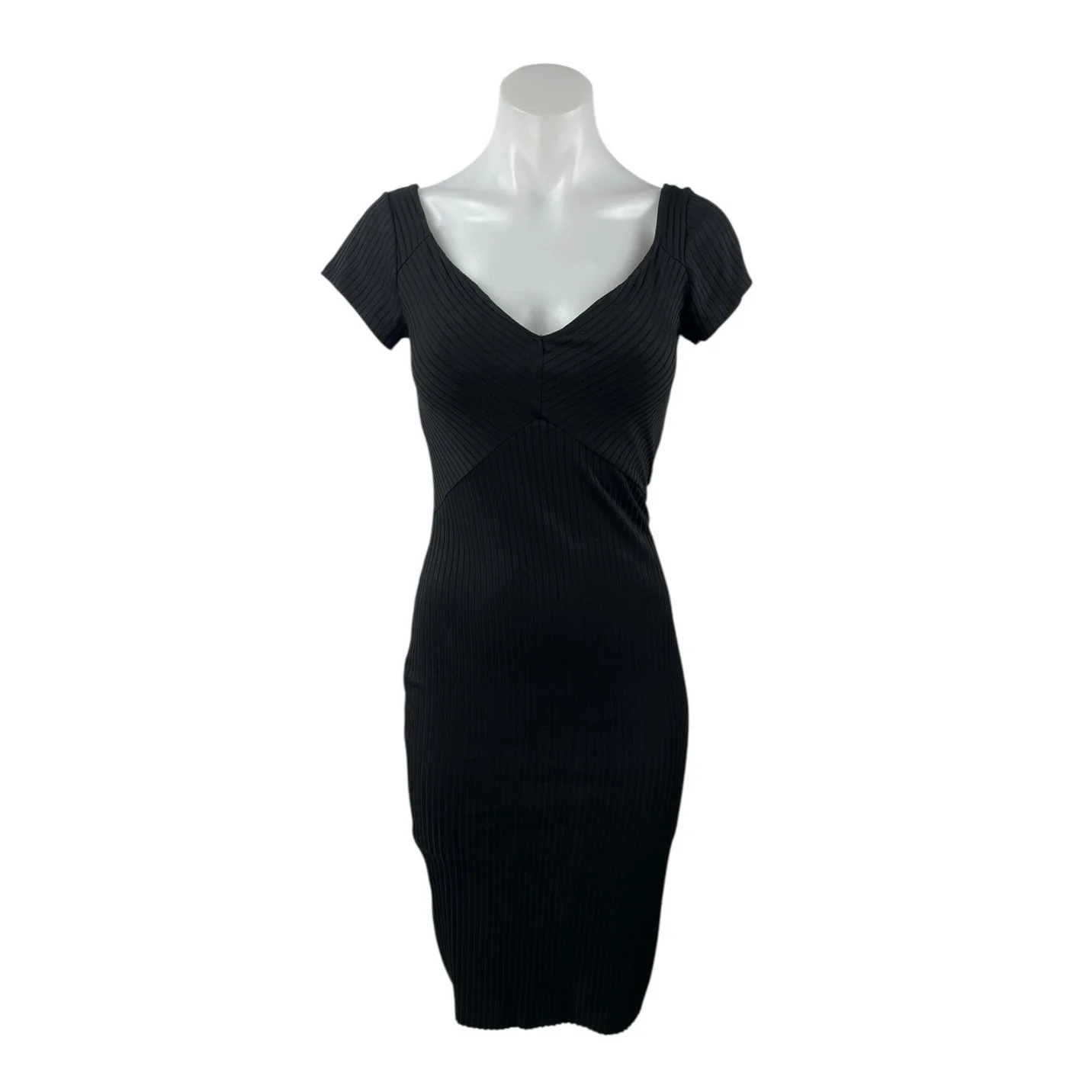 Zara Black Short Sleeve V Neck Ribbed Knit Pencil Midi Bodycon Dress Size S