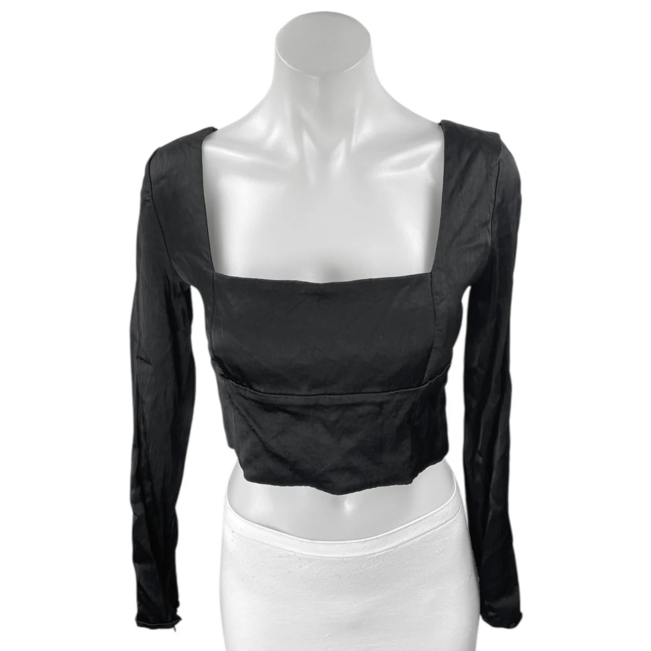 Zara Black Silky Satin Long Sleeve Square Neck Lace Up Back Crop Blouse Top Sz M