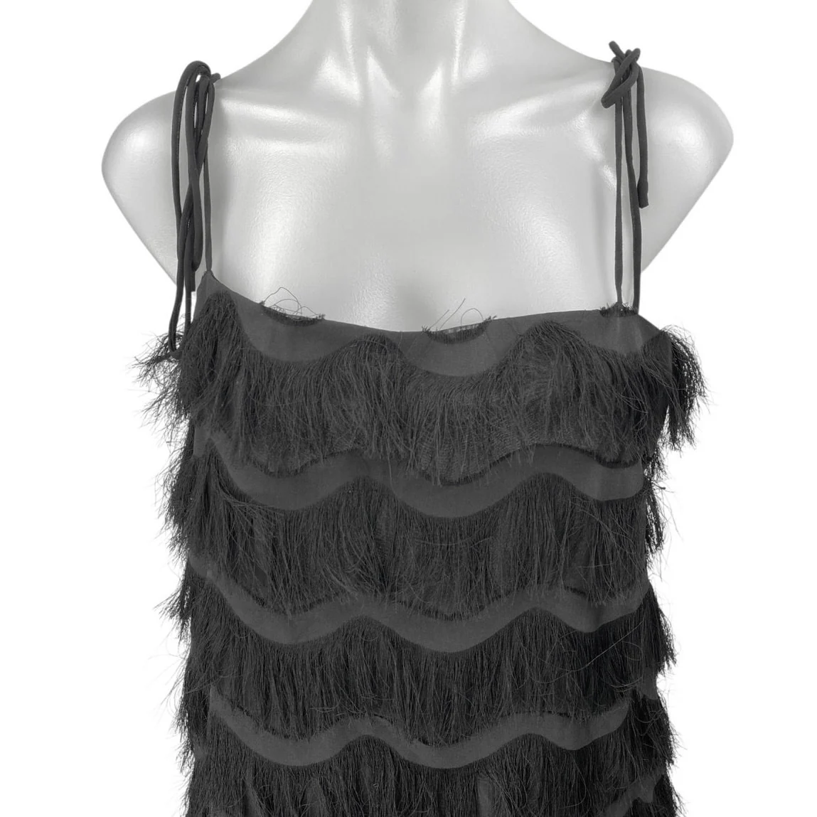 Zara Black Sleeveless Tie Strap Fringe Tiered Cami Tank Mini Shift Dress Size L - Image 3