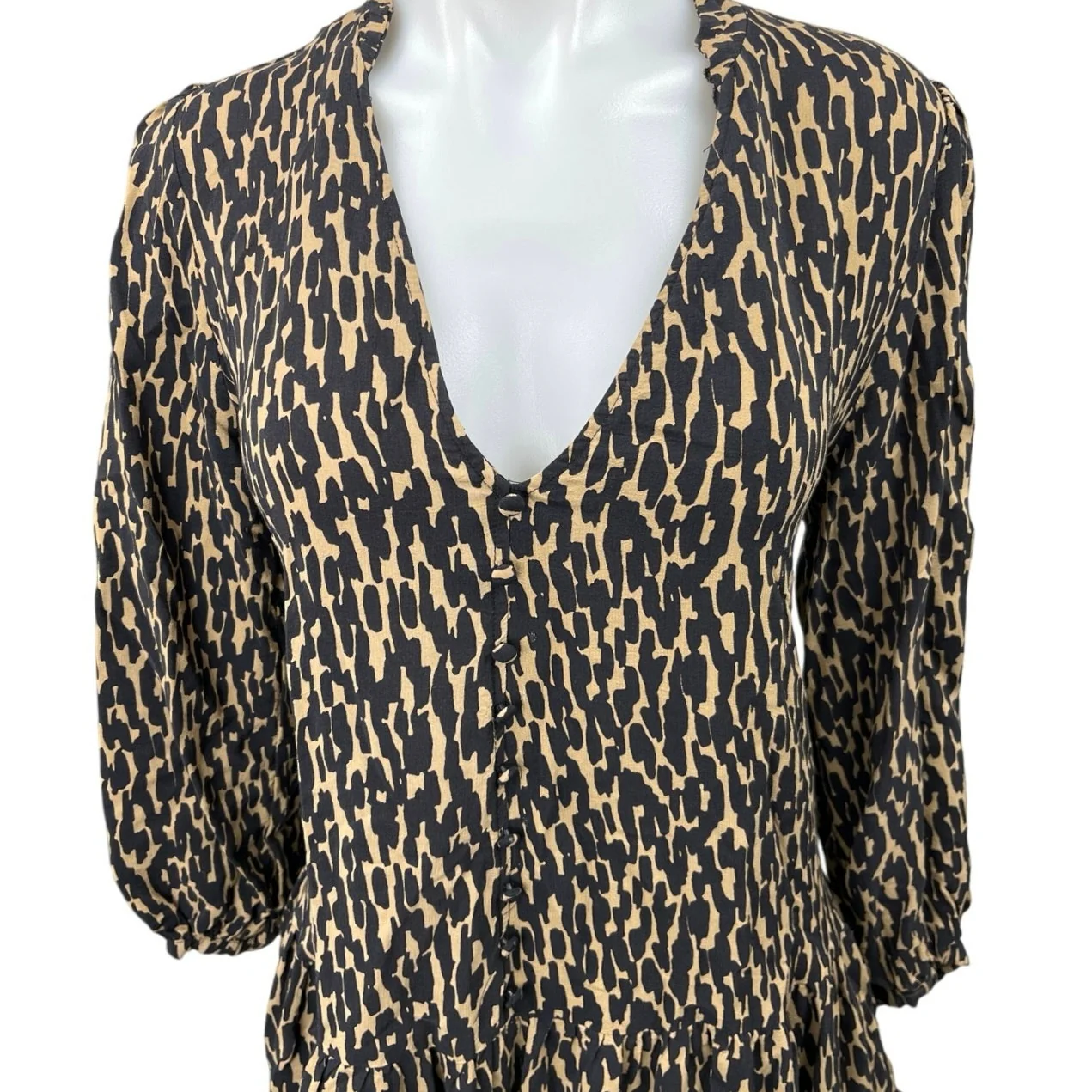 ZARA Black Tan Animal Print V-Neck Balloon Sleeve Flounce Hem Mini Shift Dress M - Image 3