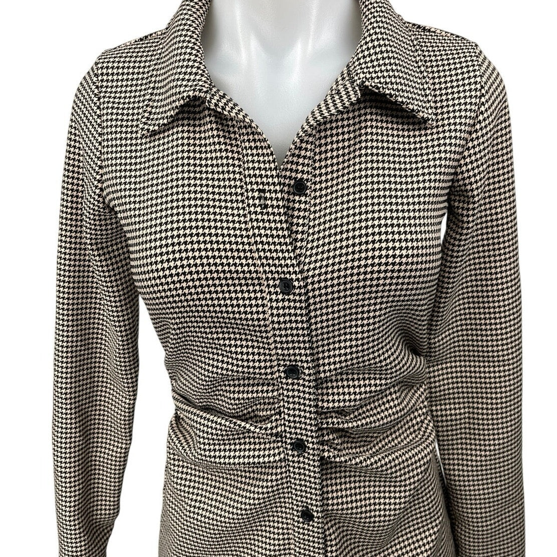 Zara Black Tan Houndstooth Ruched Long Sleeve Collar Button Mini Shirt Dress S - Image 3