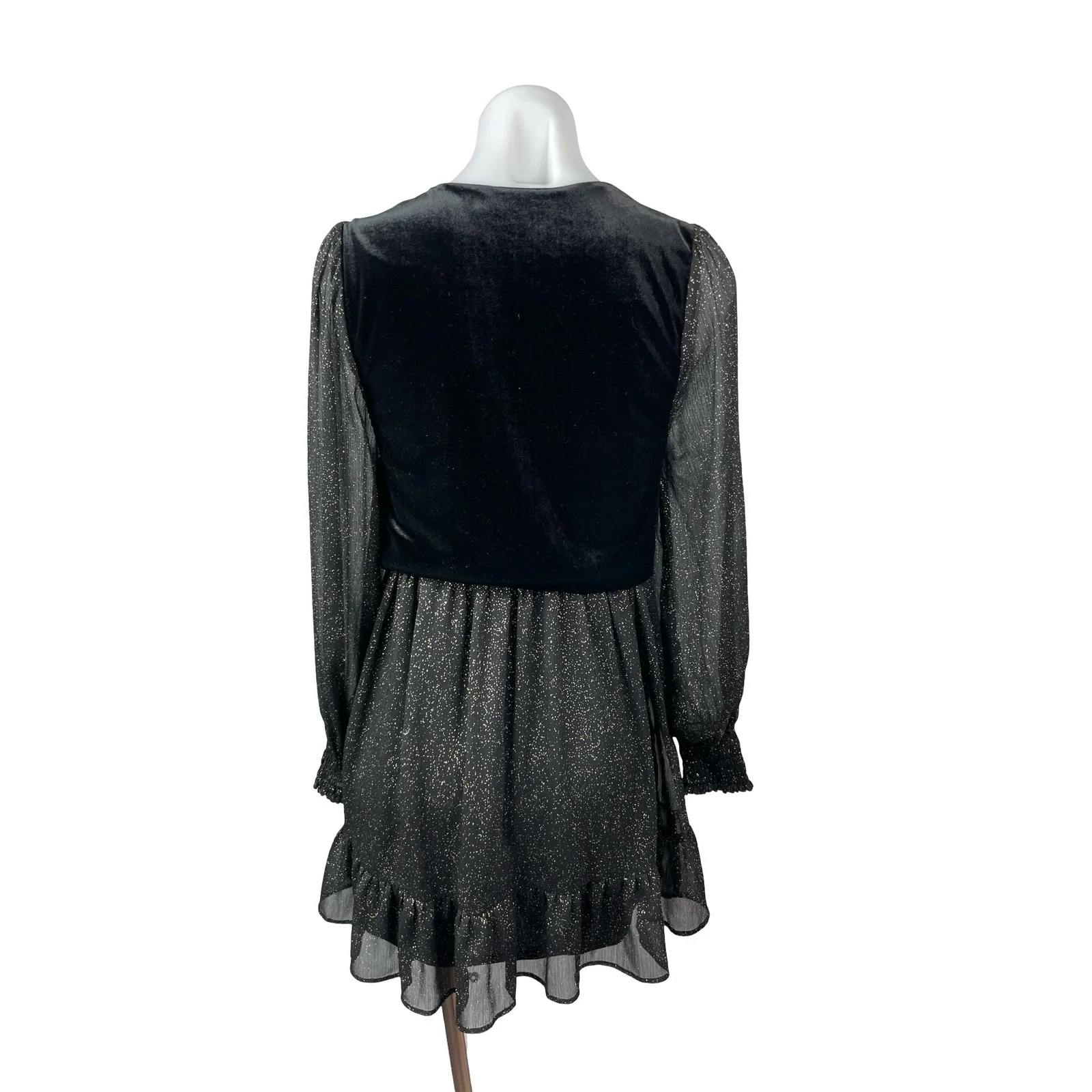 Zara Black Velvet Velour Mesh Sheer Glitter Long Sleeve A Line Mini Dress Sz XS - Image 2