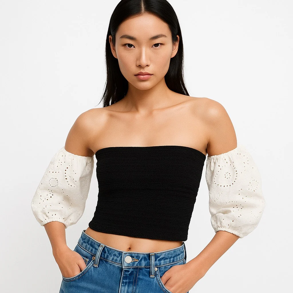 Zara Black White Off the Shoulder Puff Sleeve Bandeau Tube Knit Crop Top Size S - Image 2