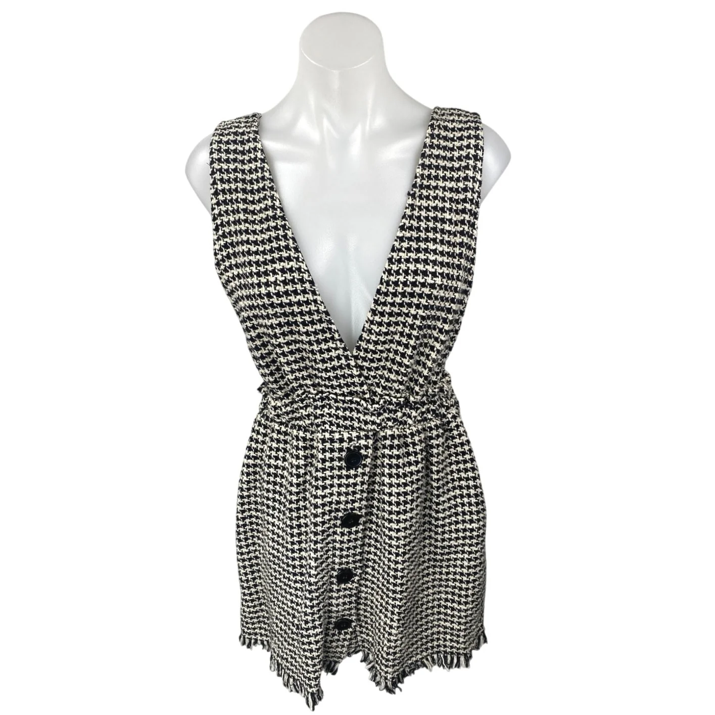 Zara Black White Tweed Button Front Sleeveless Pinafore Vest Mini Dress Size S