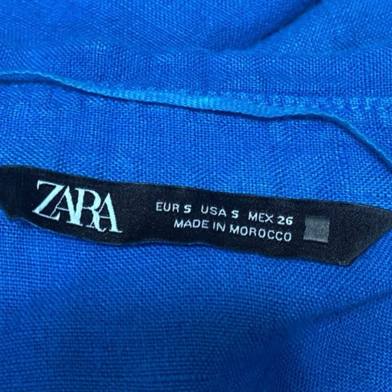 Zara Blue 100% Linen Half Sleeve Pocket V Neck Button Front Shirt Top Size S - Image 3
